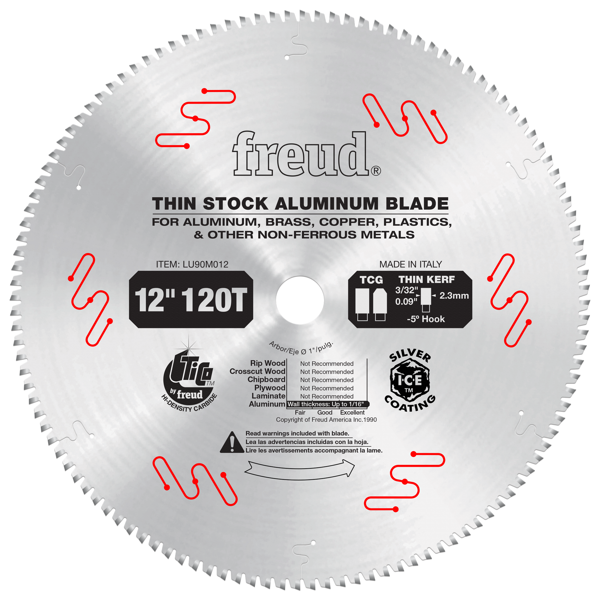 12" circular saw blade with 120 teeth, silver coating, labeled for aluminum and non-ferrous metals.