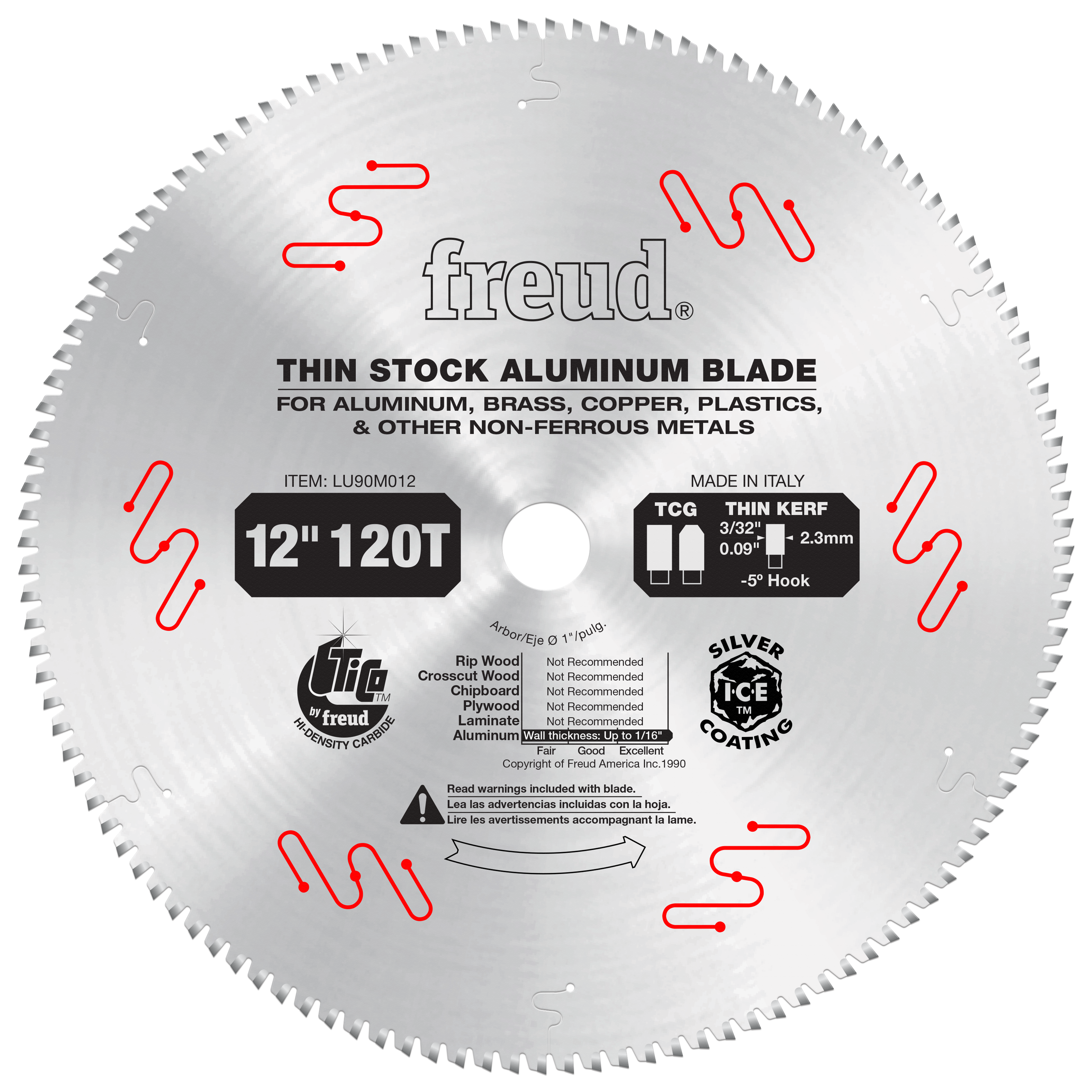 12" circular saw blade with 120 teeth, silver coating, labeled for aluminum and non-ferrous metals.