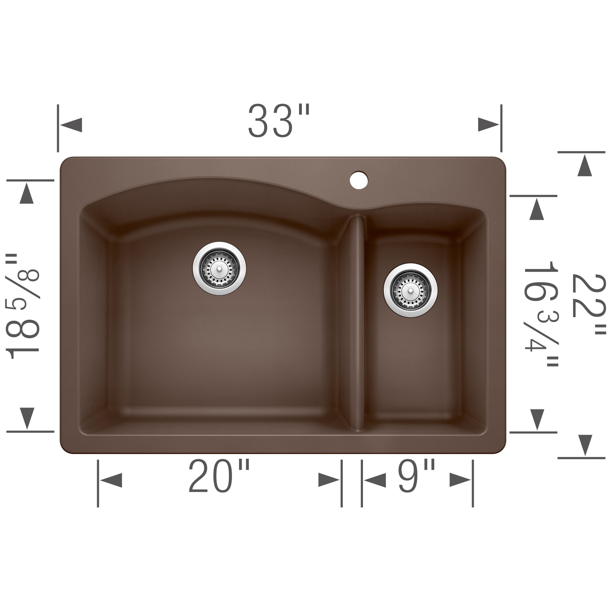 Cafe brown composite drop-in kitchen sink with two unequal bowls and two strainers, 33 inches wide.