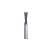 1/4 inch diameter down spiral bit with blue-coated cutting flutes and metallic shank.