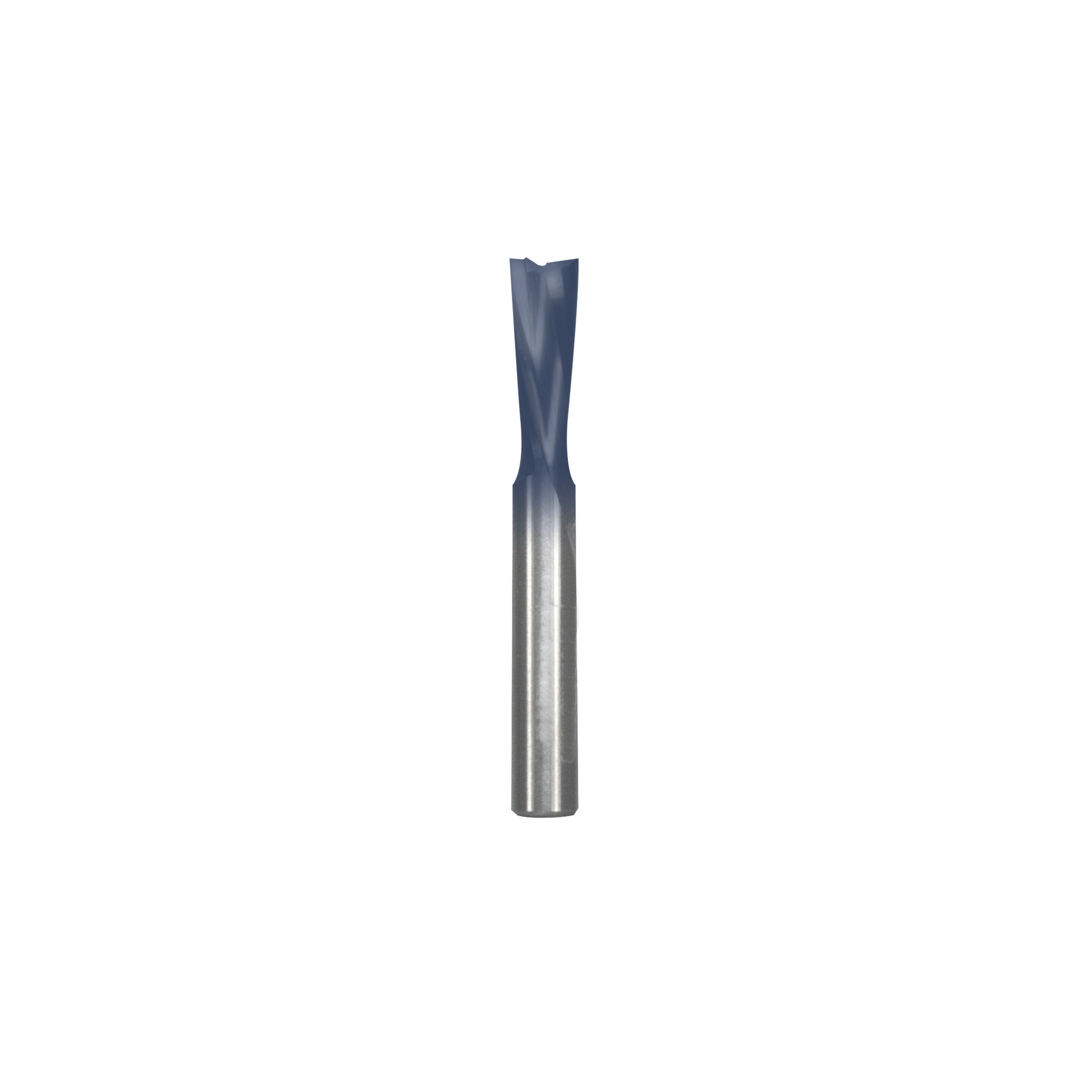 1/4 inch diameter down spiral bit with blue-coated cutting flutes and metallic shank.