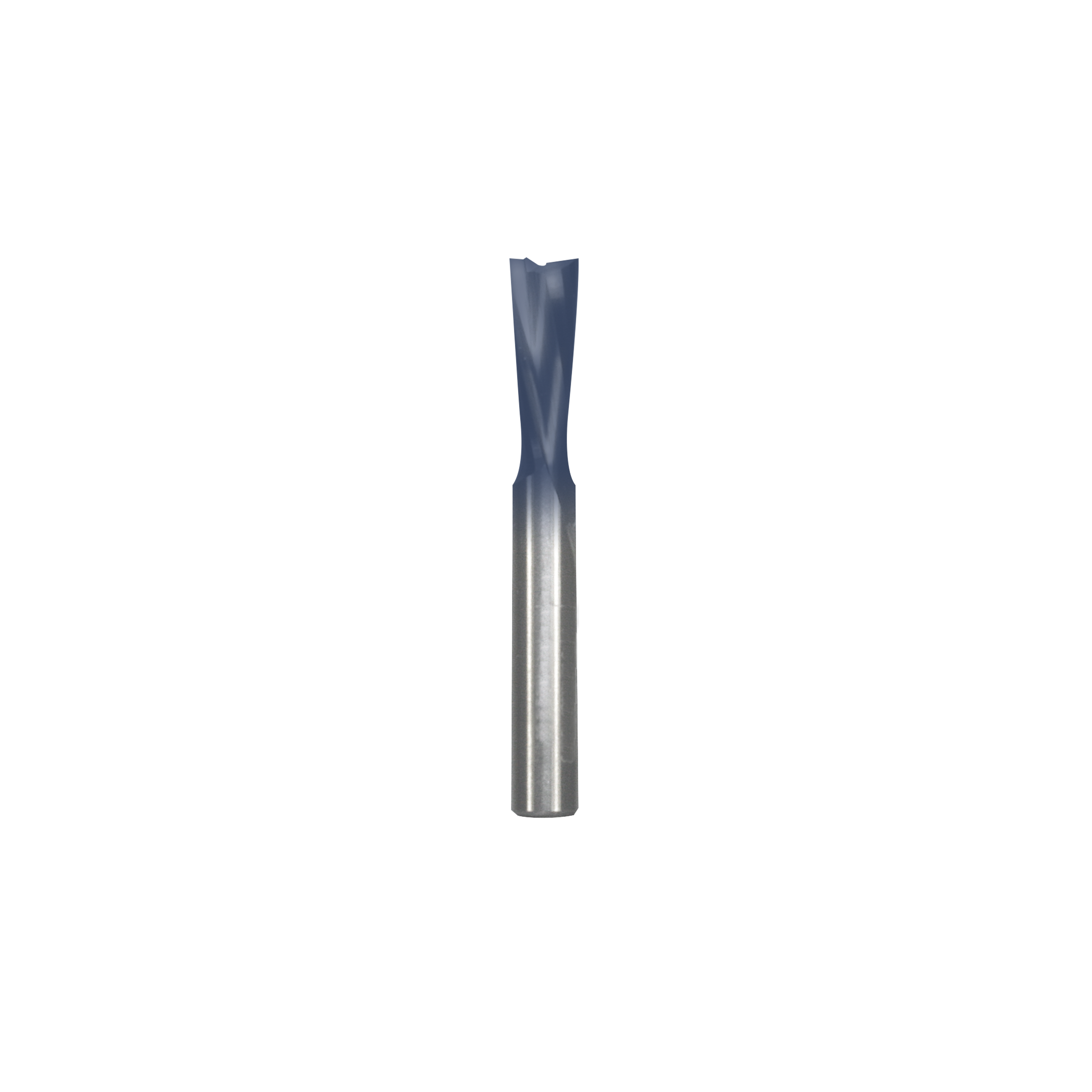 1/4 inch diameter down spiral bit with blue-coated cutting flutes and metallic shank.