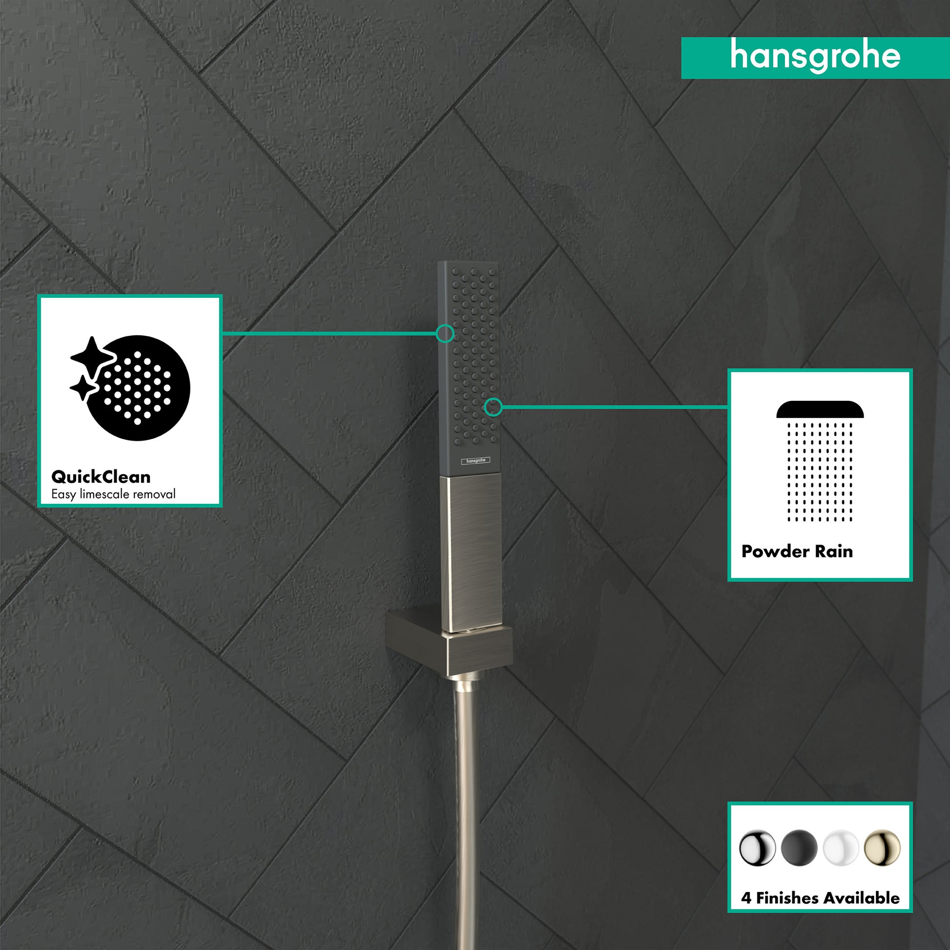 Brushed nickel handheld shower head with rectangular face and rain spray pattern mounted on tiled wall background.