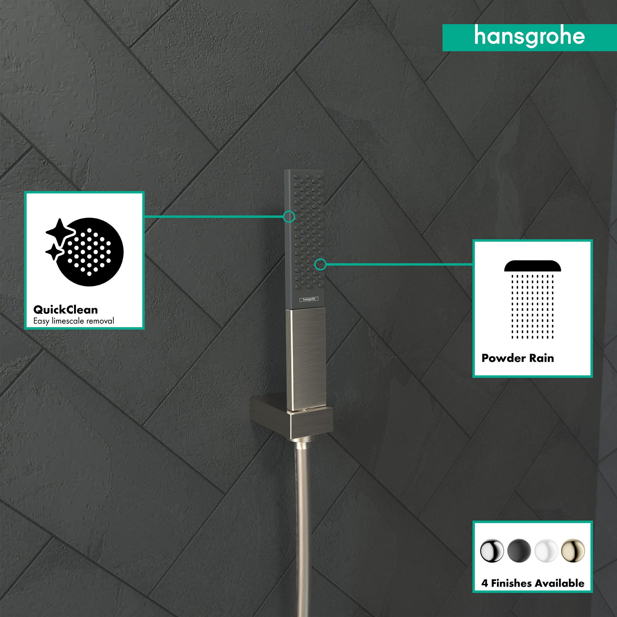 Brushed nickel handheld shower head with rectangular face and rain spray pattern mounted on tiled wall background.