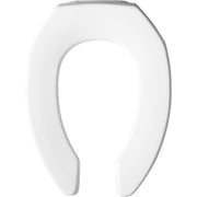 White elongated open front plastic toilet seat with metal fastening hinges.