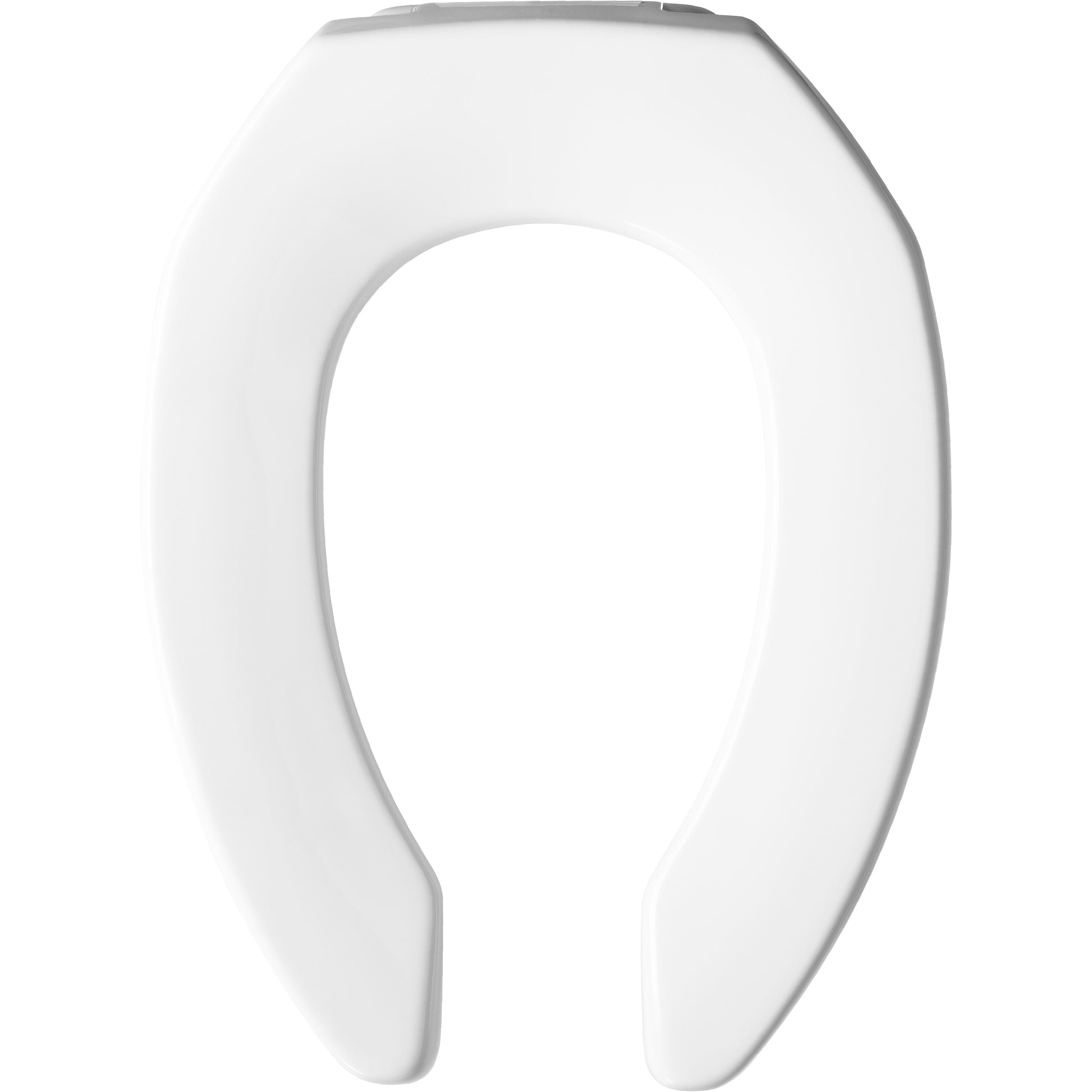 White elongated open front plastic toilet seat with metal fastening hinges.