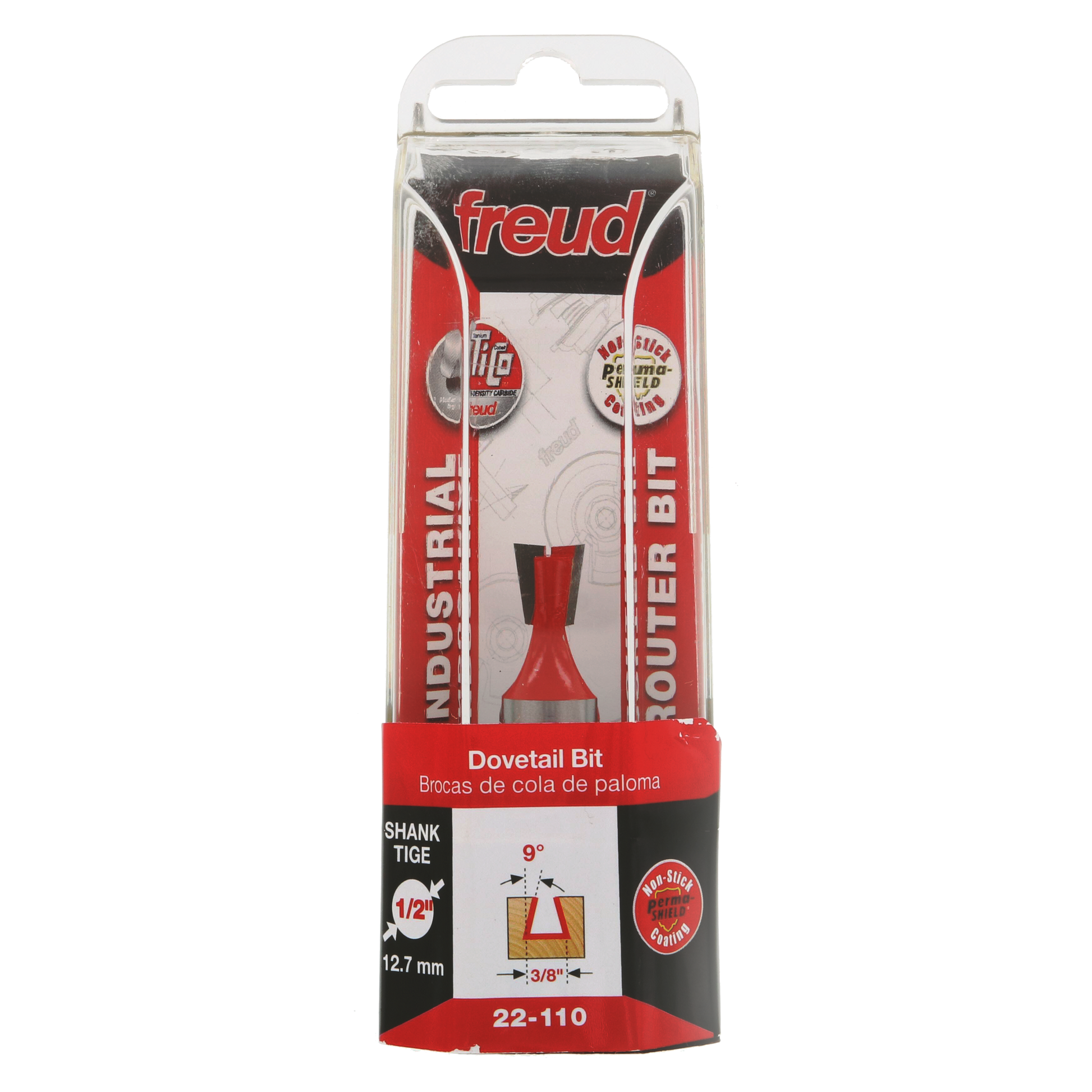 Freud 22-110 dovetail router bit with red cutting head and black shank in clear plastic clamshell packaging.