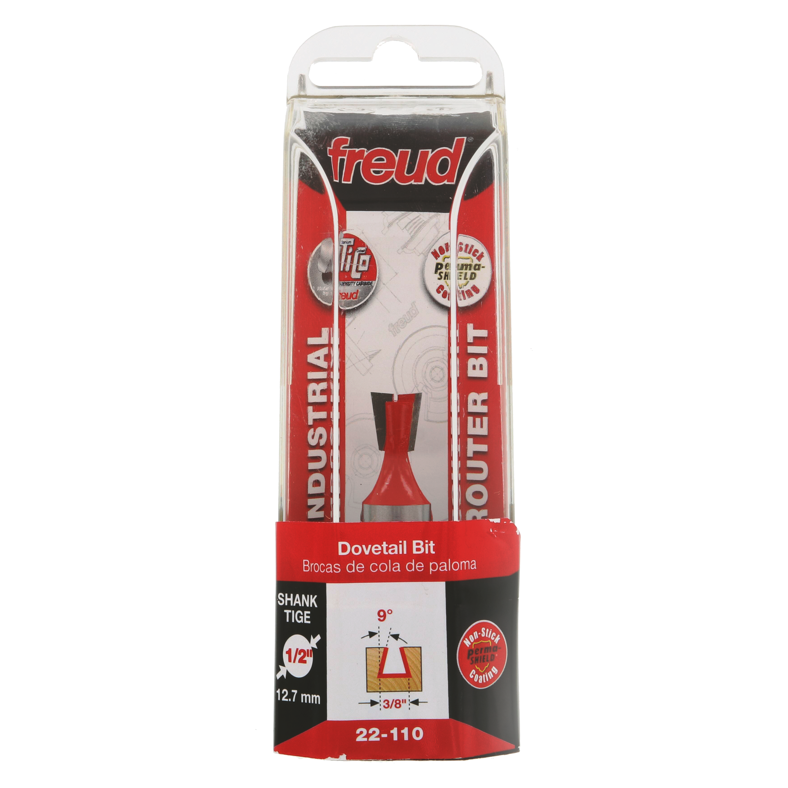 Freud 22-110 dovetail router bit with red cutting head and black shank in clear plastic clamshell packaging.
