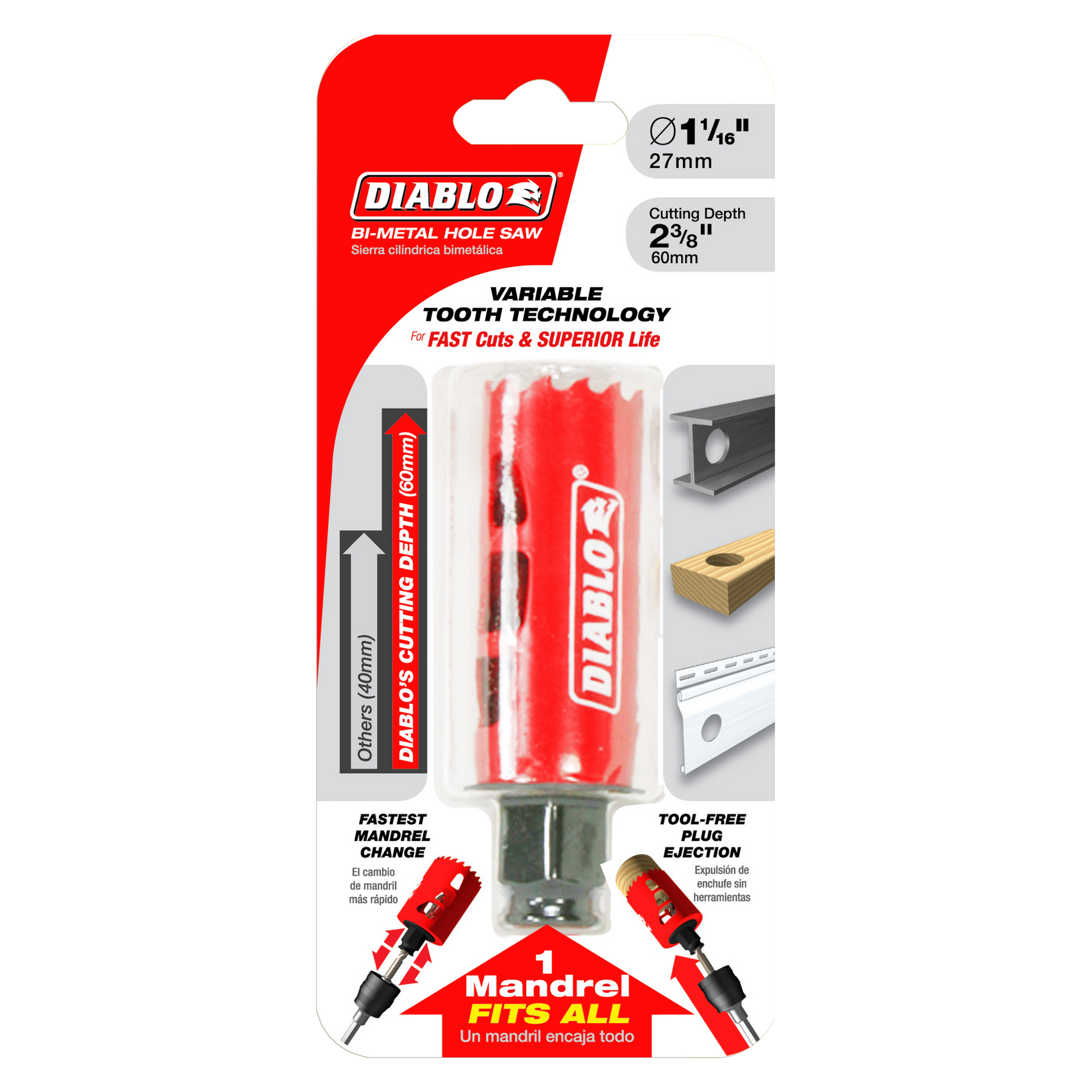 Red Diablo bi-metal hole saw with 1-1/16 inch diameter and 2-3/8 inch cutting depth on retail packaging.
