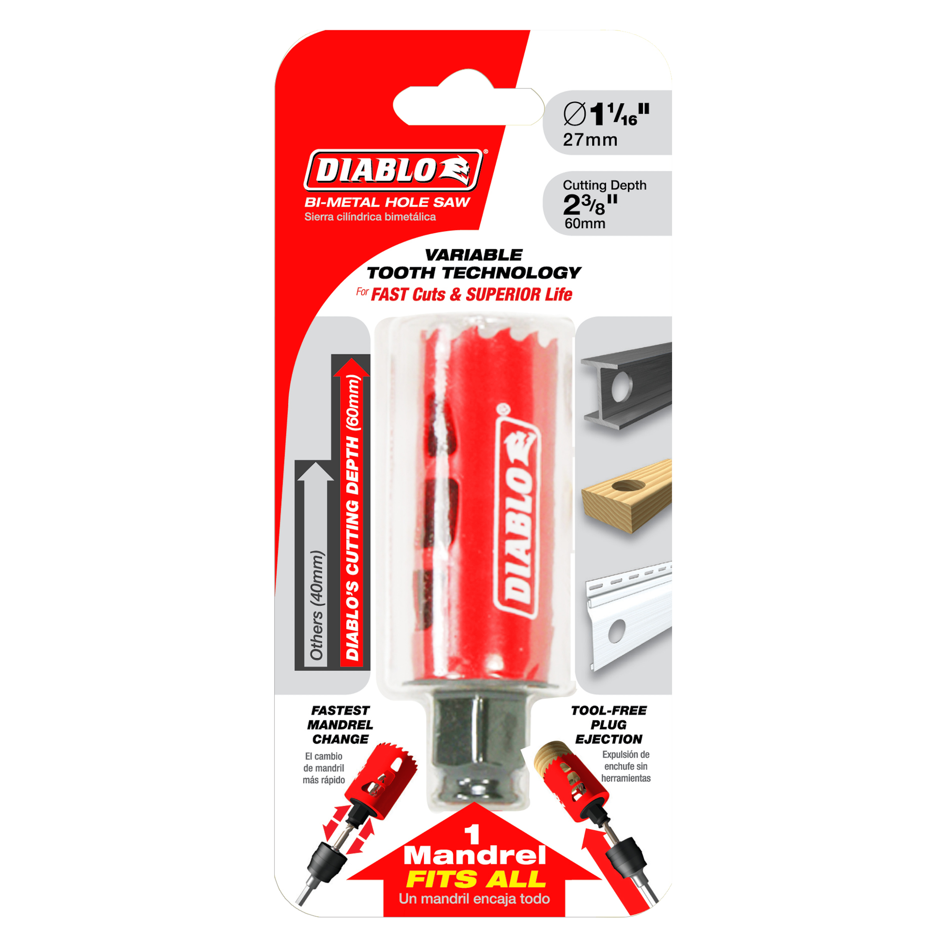 Red Diablo bi-metal hole saw with 1-1/16 inch diameter and 2-3/8 inch cutting depth on retail packaging.