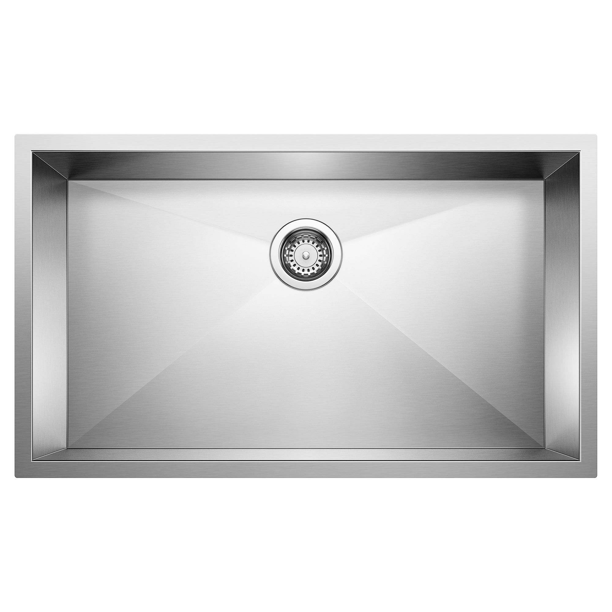 Stainless steel single bowl undermount sink with drain strainer, viewed from above.