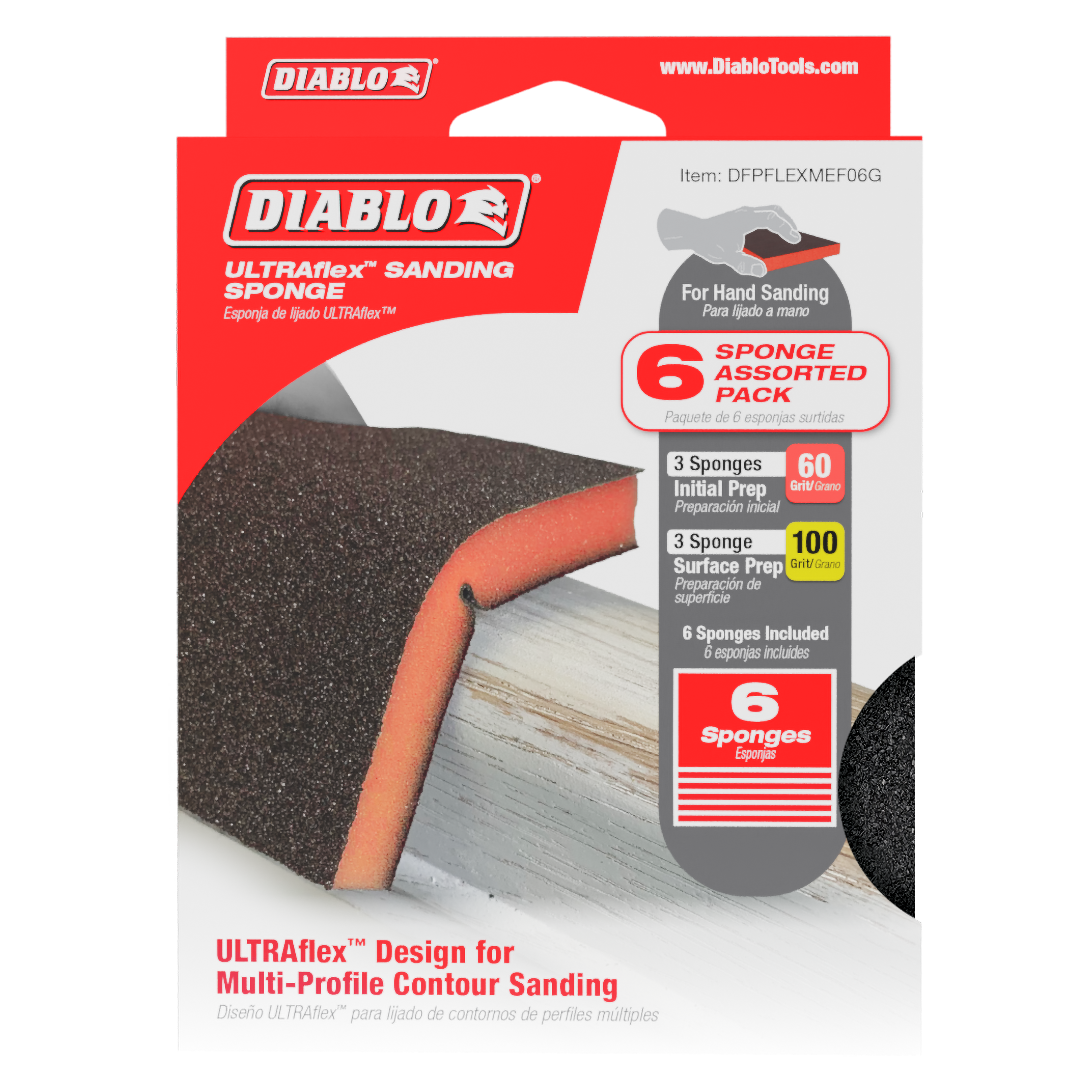 Six assorted Diablo ULTRAflex sanding sponges in medium and fine grits for hand sanding applications.