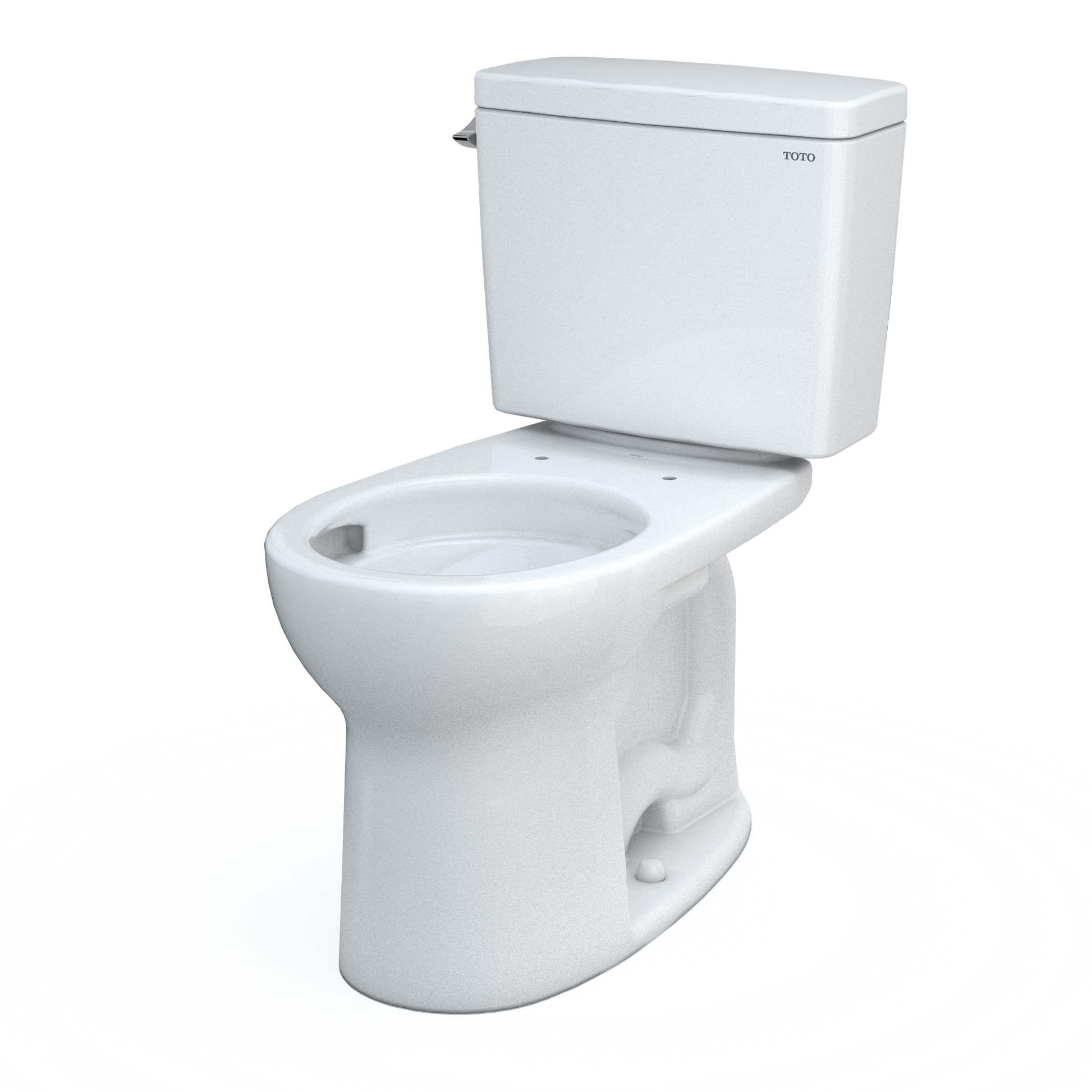 White two-piece round toilet with matching tank and seat, viewed from the side angle.