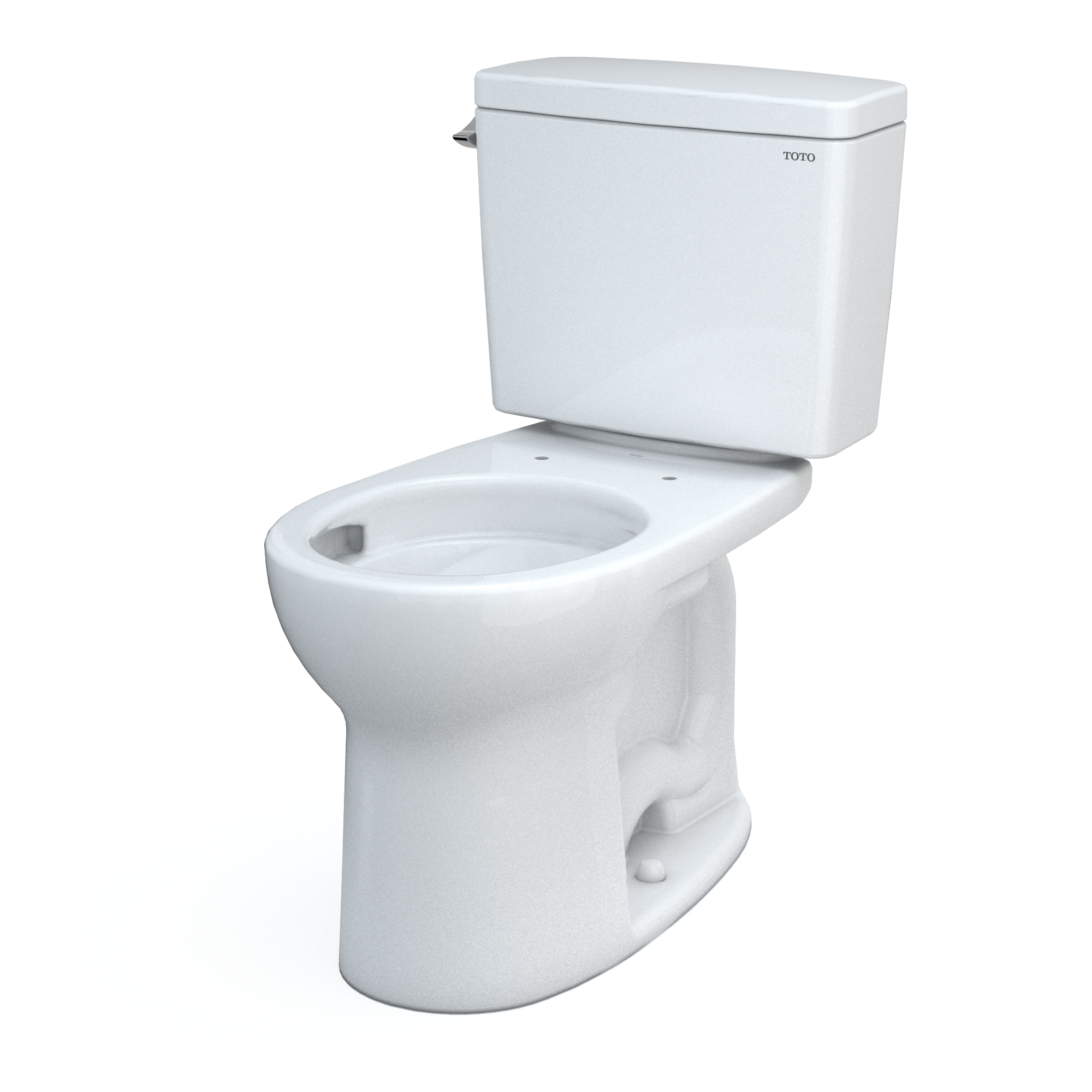 White two-piece round toilet with matching tank and seat, viewed from the side angle.