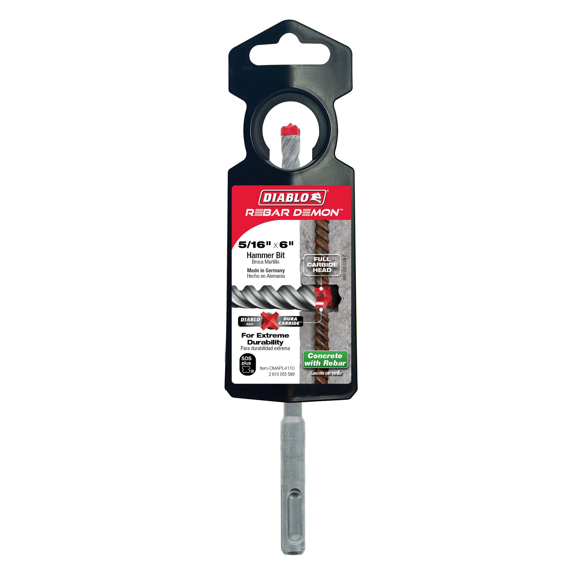 Diablo Rebar Demon 5/16" x 6" SDS-Plus hammer drill bit with carbide head in black packaging.