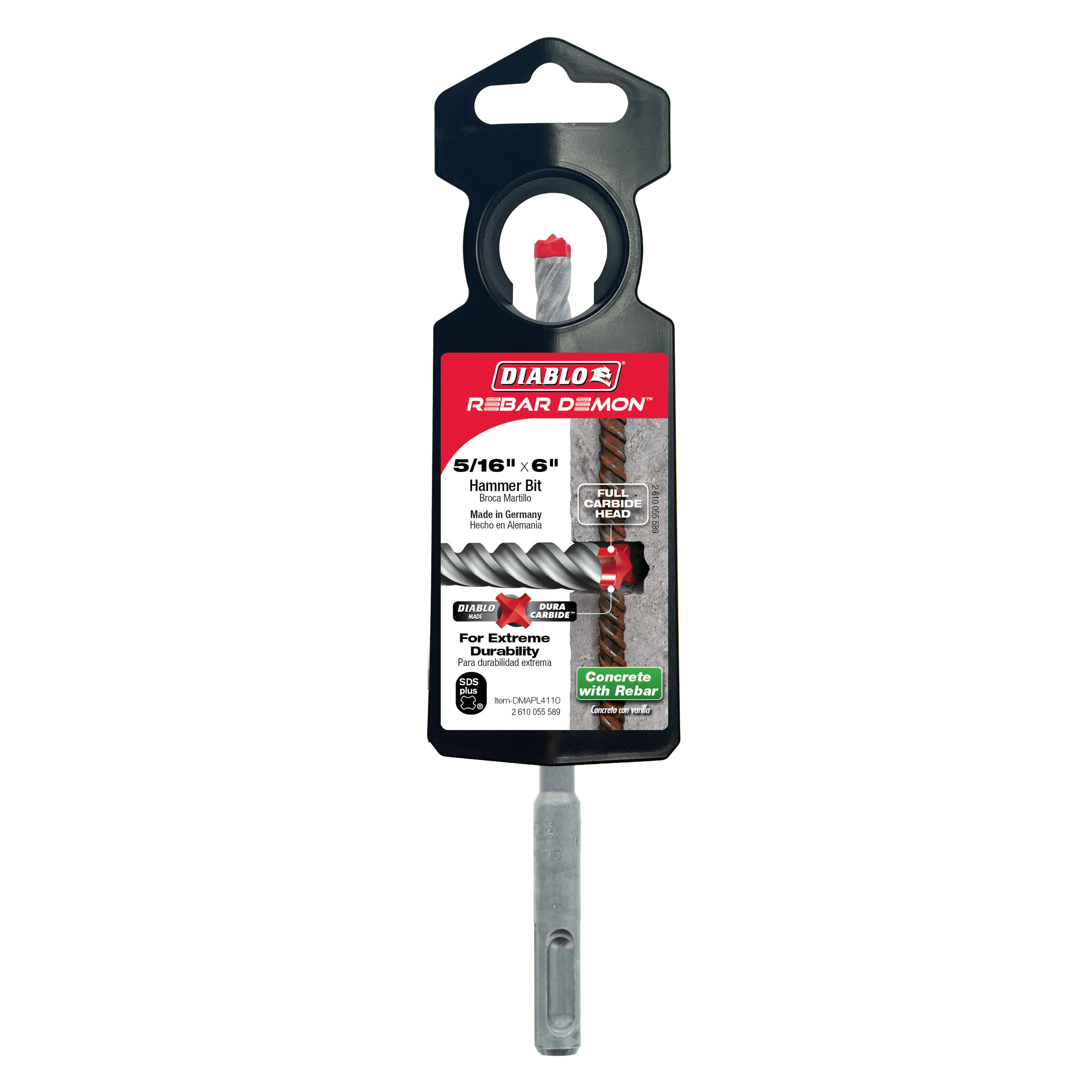 Diablo Rebar Demon 5/16" x 6" SDS-Plus hammer drill bit with carbide head in black packaging.