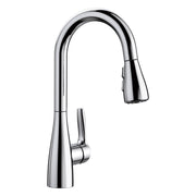 Chrome bar faucet with tall curved spout and pull-down spray head.