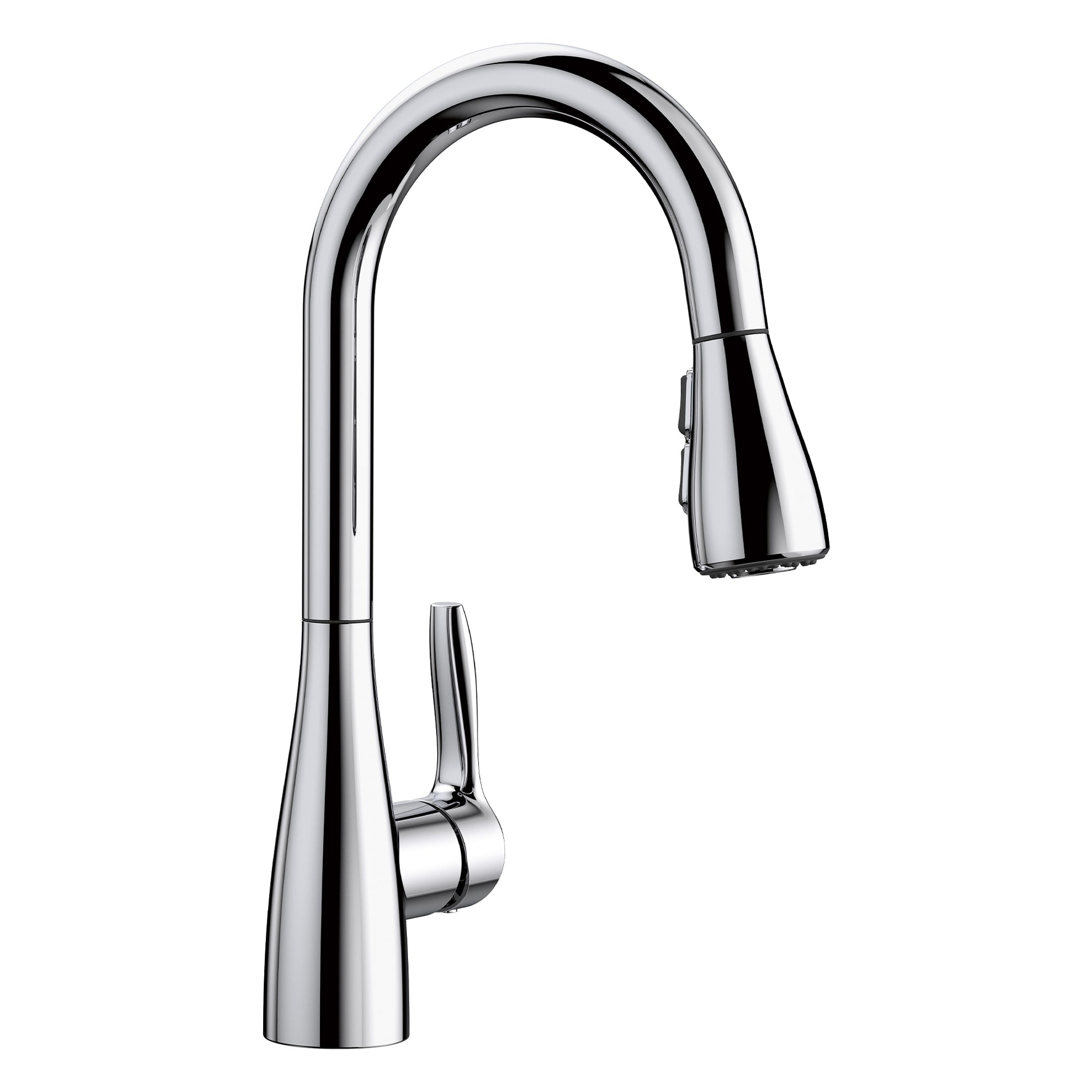 Chrome bar faucet with tall curved spout and pull-down spray head.