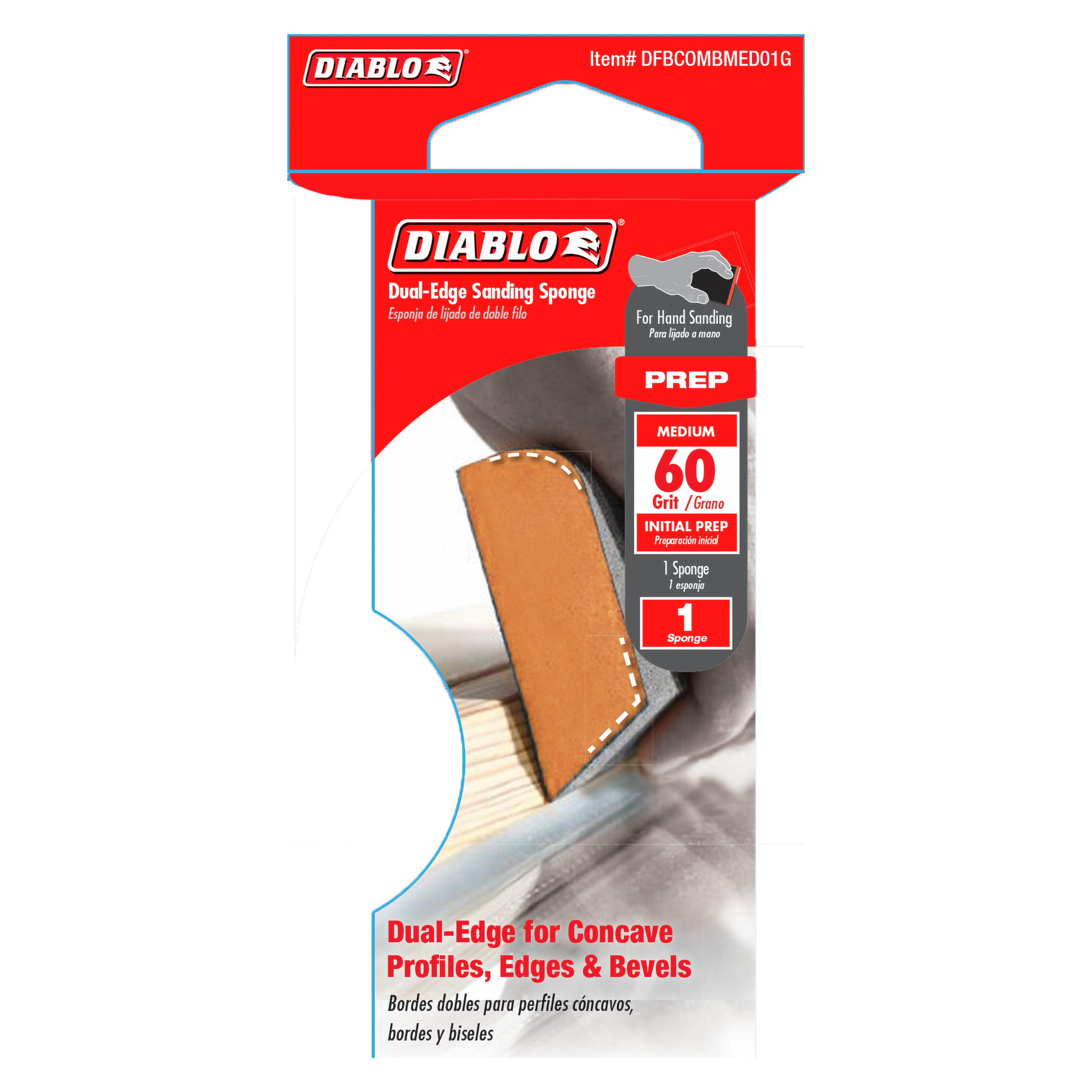 Diablo dual-edge sanding sponge with tan and black sides, 60-grit medium grade, designed for hand sanding curved profiles.