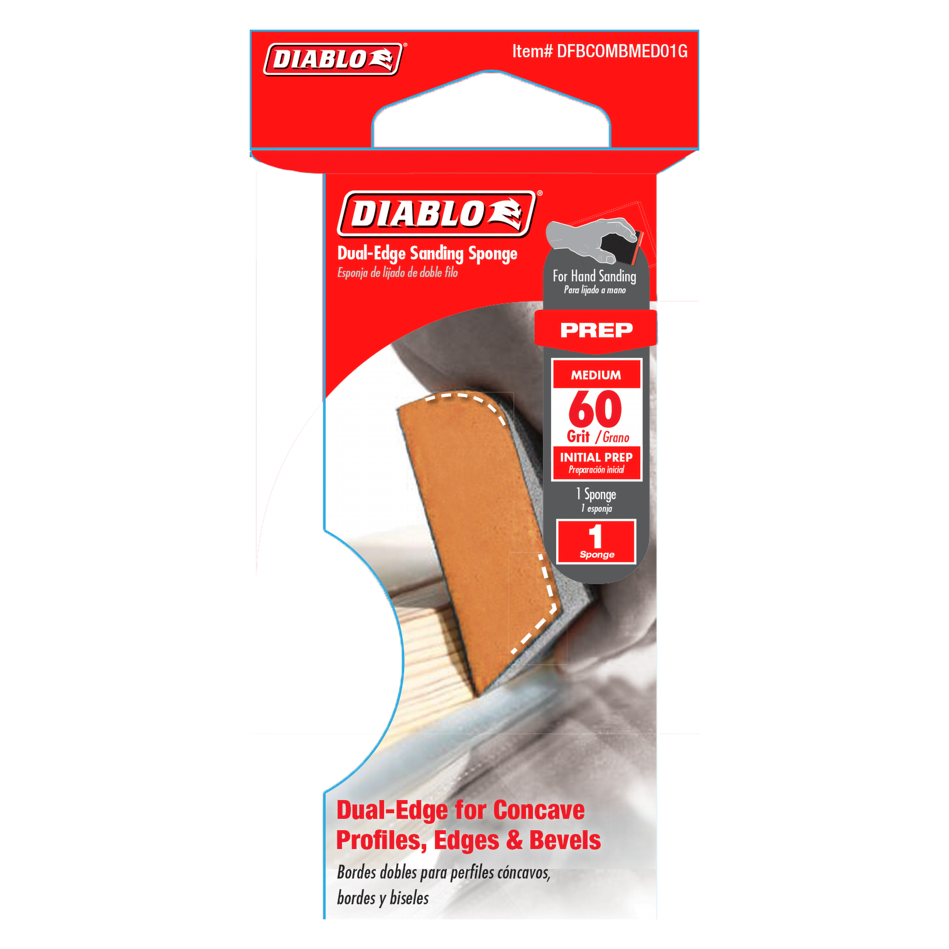 Diablo dual-edge sanding sponge with tan and black sides, 60-grit medium grade, designed for hand sanding curved profiles.