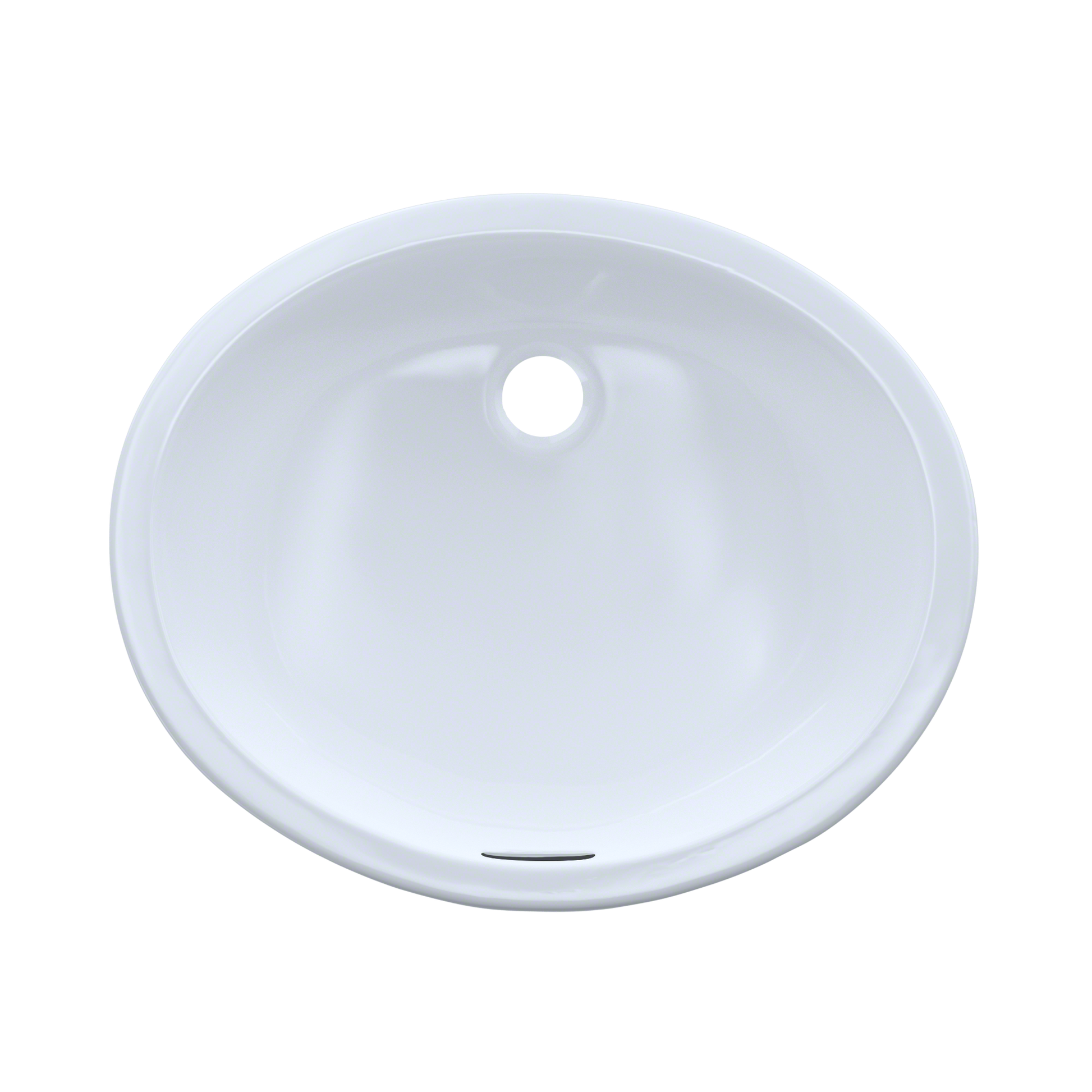 White oval undermount bathroom sink with single faucet hole, viewed from above.