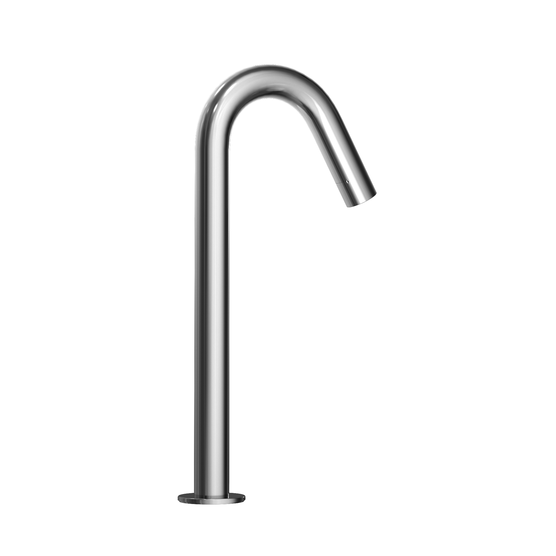 Polished chrome touchless bathroom faucet with curved spout and circular base.