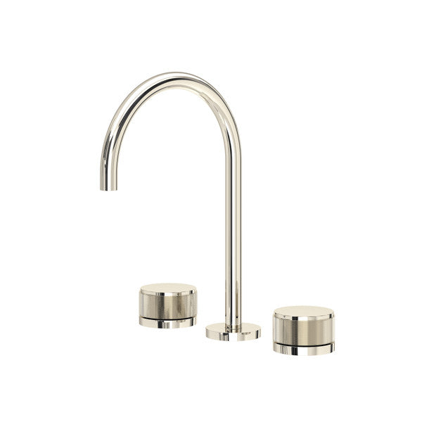 Polished nickel widespread lavatory faucet with curved C-spout and two cylindrical handles.