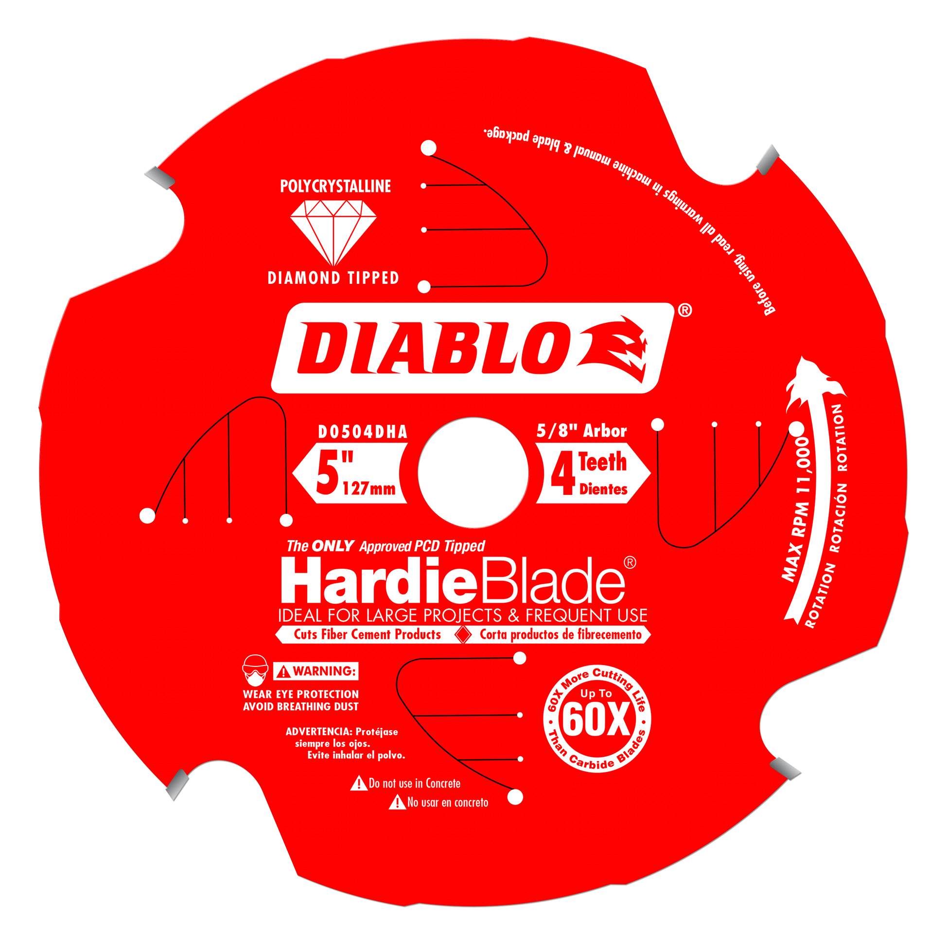 Red circular Diablo saw blade with 4 teeth, diamond-tipped PCD coating, 5 inch diameter, 5/8 inch arbor for fiber cement cutt