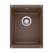 Cafe brown single undermount kitchen sink with chrome drain strainer and rounded basin corners, viewed from above.