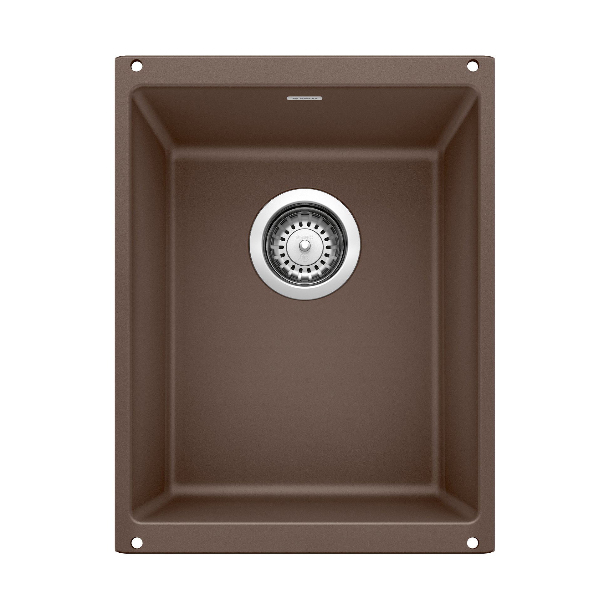Cafe brown single undermount kitchen sink with chrome drain strainer and rounded basin corners, viewed from above.