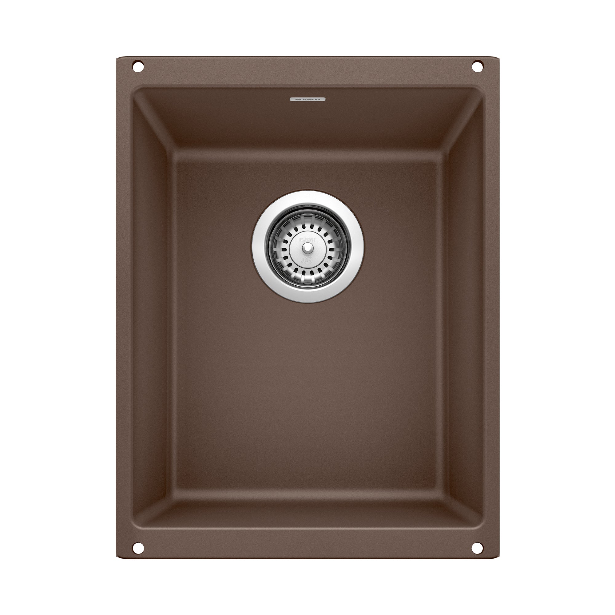 Cafe brown single undermount kitchen sink with chrome drain strainer and rounded basin corners, viewed from above.