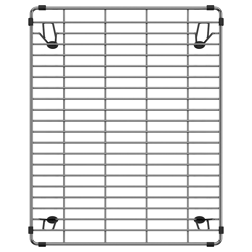 Stainless steel sink grid with rectangular grid pattern and corner feet for double bowl farmhouse sink.