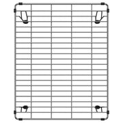 Stainless steel sink grid with rectangular grid pattern and corner feet for double bowl farmhouse sink.