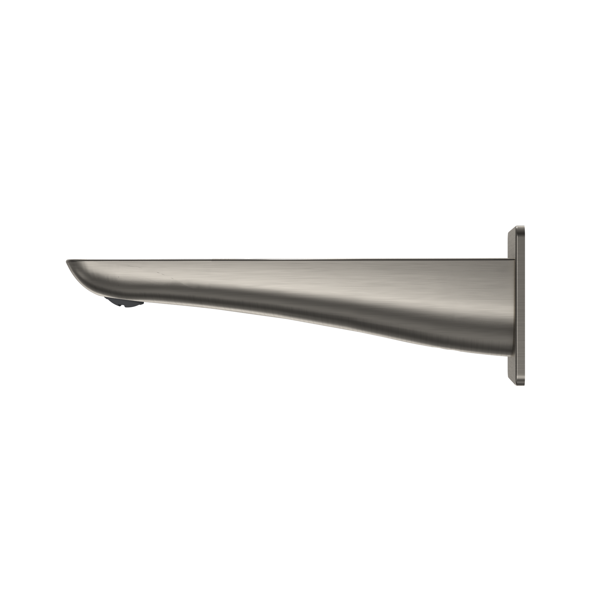 Brushed nickel wall-mounted tub spout with curved tapered design and rectangular mounting flange.