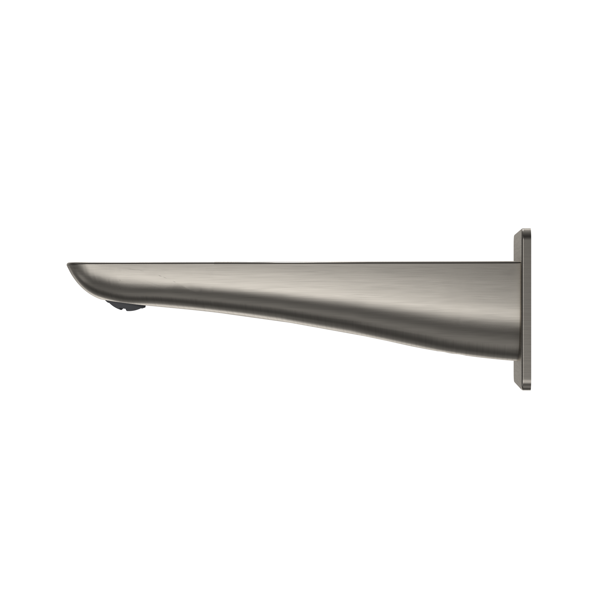 Brushed nickel wall-mounted tub spout with curved tapered design and rectangular mounting flange.