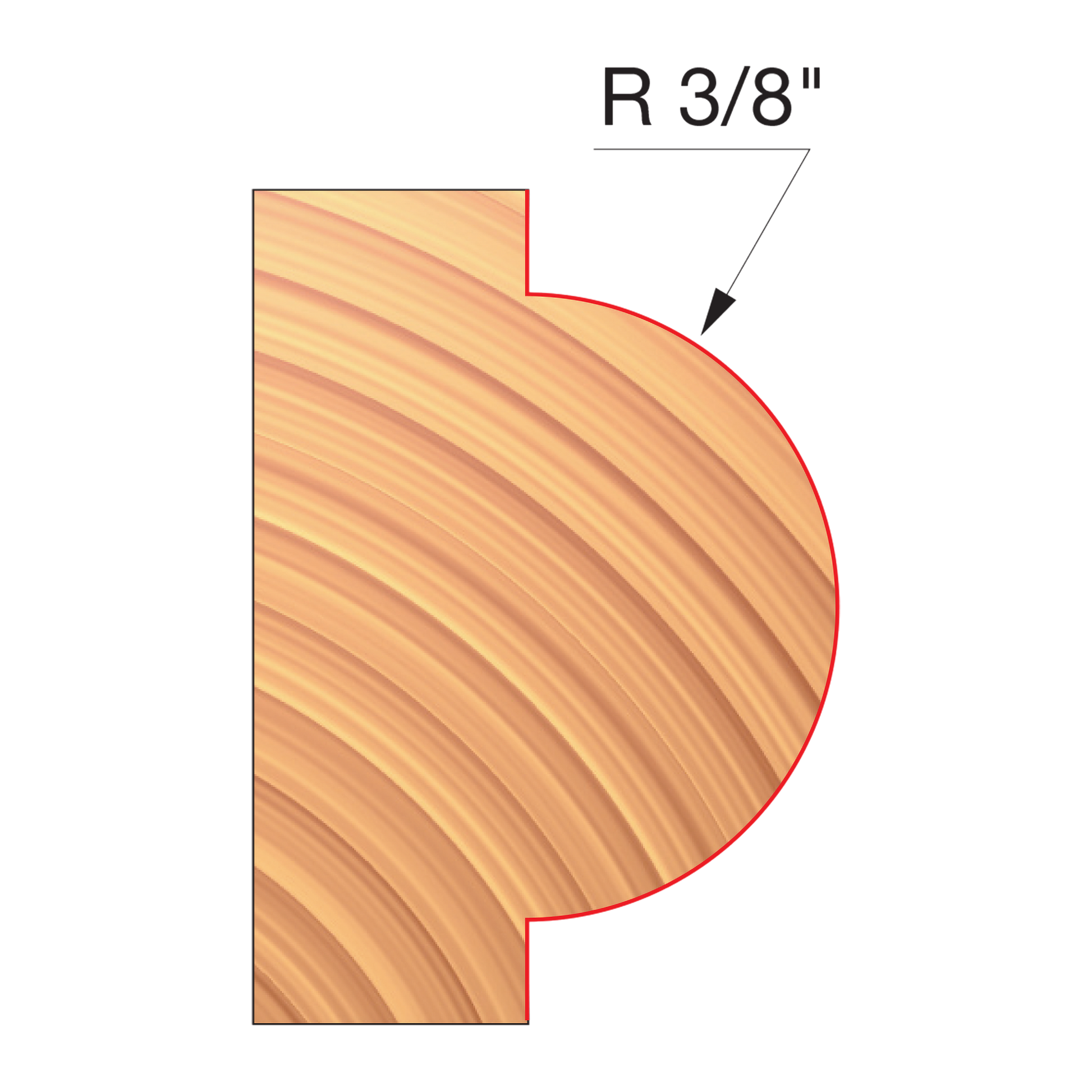 Concave radius router bit with 3/8" curve profile shown on wood cross-section.