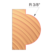 Cross-section of concave radius router bit with 3/8" radius curve shown on wood sample.