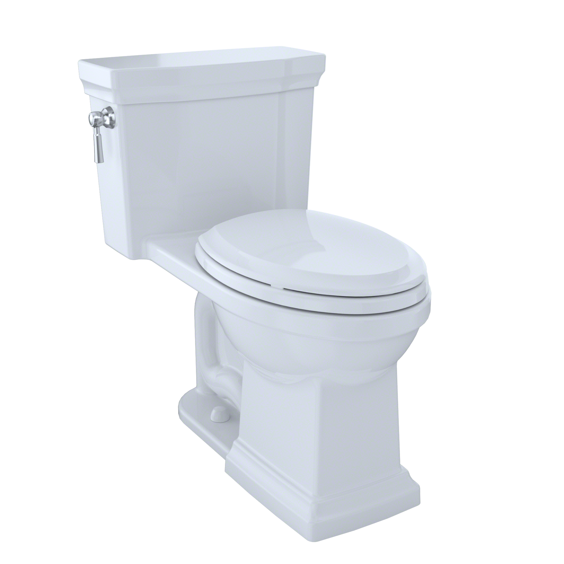 White elongated one-piece toilet with soft-close seat and right-hand lever flush.