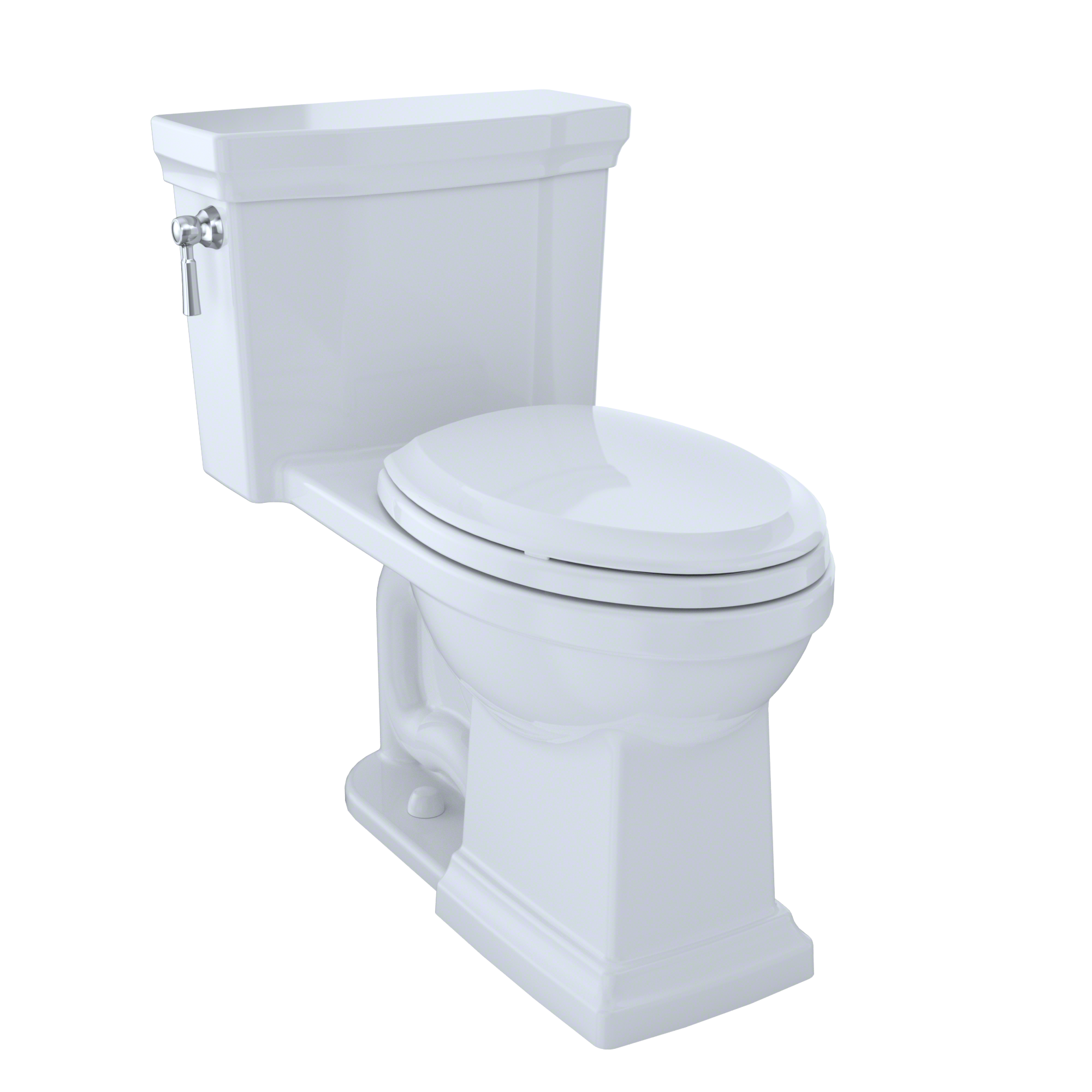 White elongated one-piece toilet with soft-close seat and right-hand lever flush.