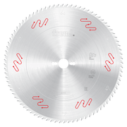 Circular saw blade with carbide-tipped teeth, silver steel body with Freud branding and red markings.