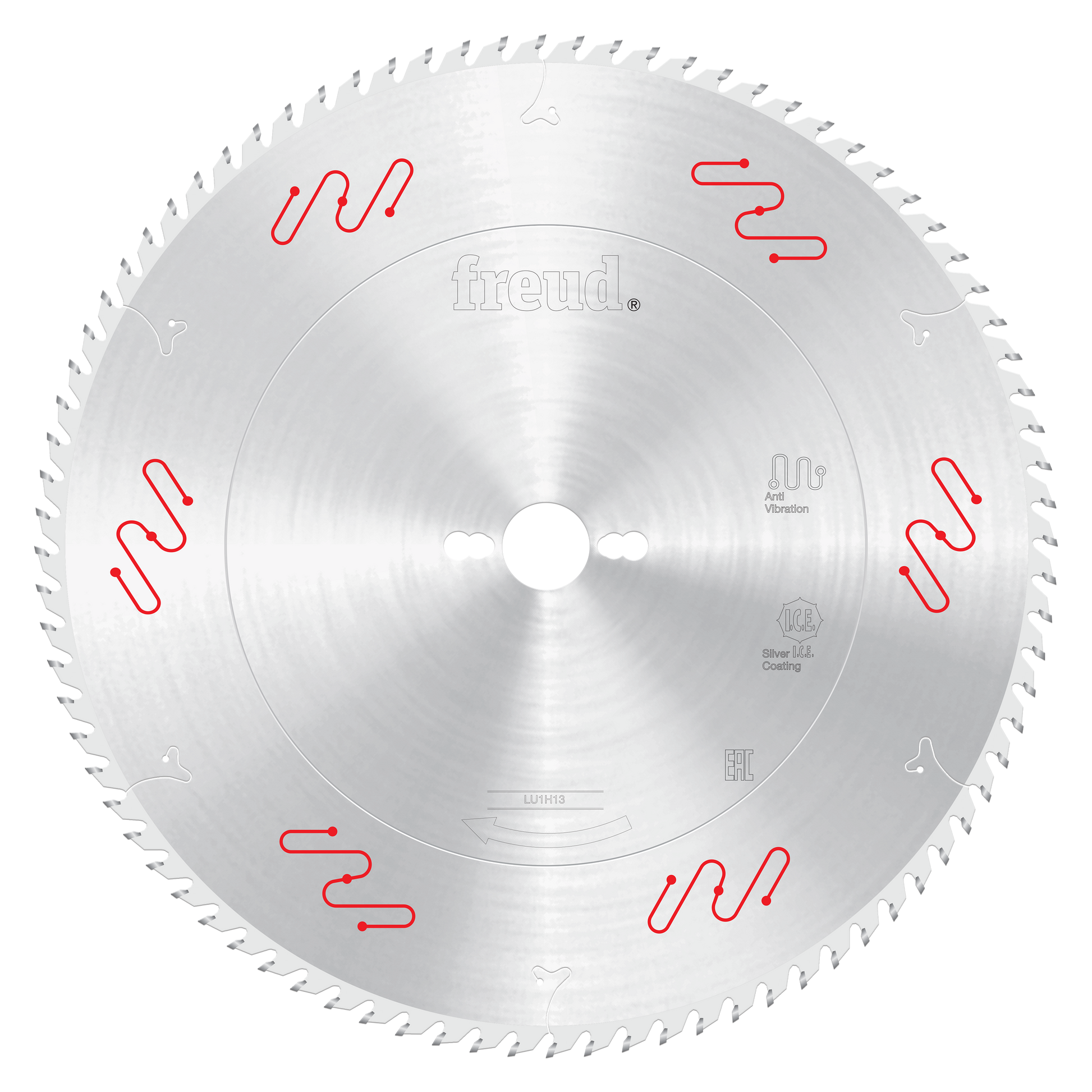 Circular saw blade with carbide-tipped teeth, silver steel body with Freud branding and red markings.