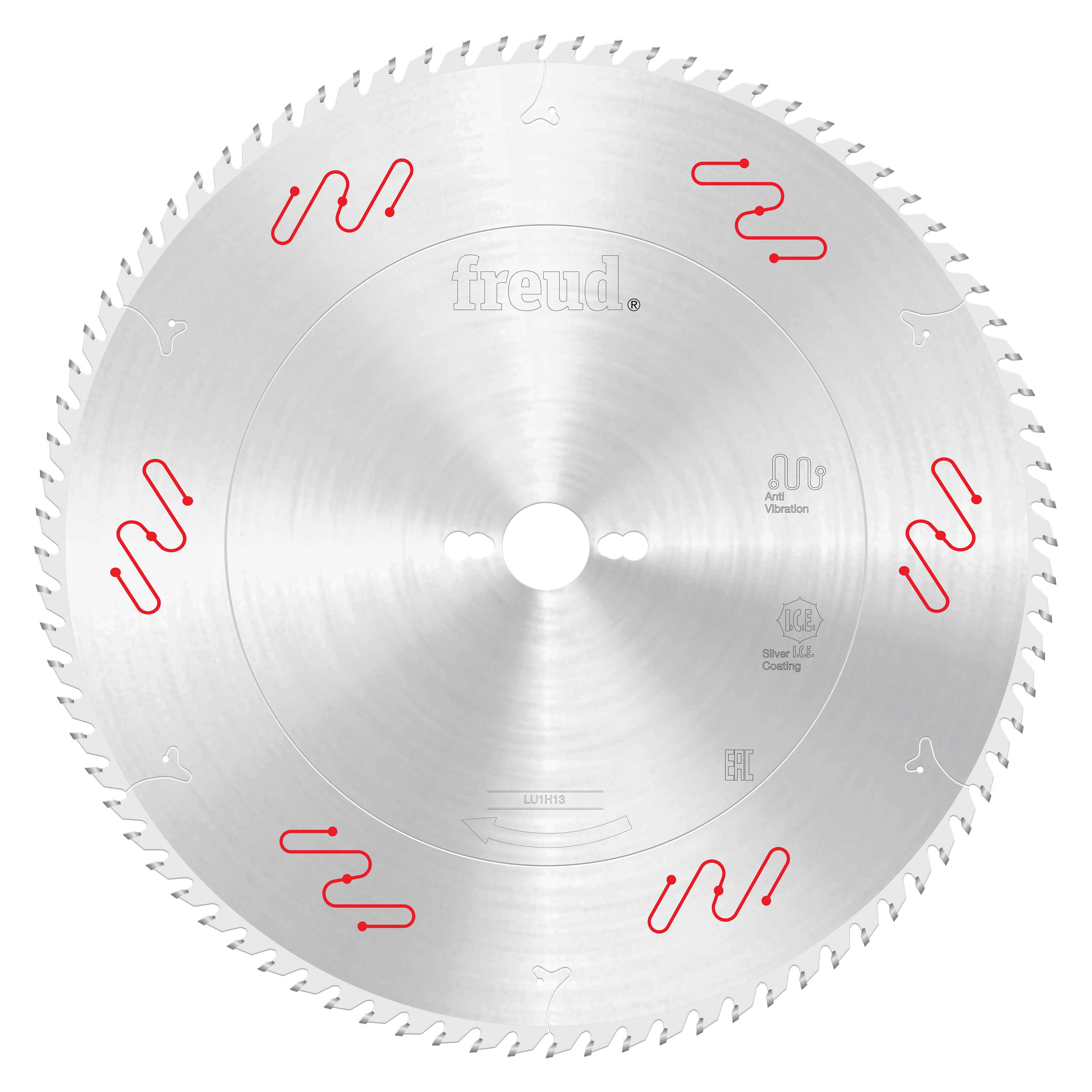 Circular saw blade with carbide-tipped teeth, silver steel body with Freud branding and red markings.