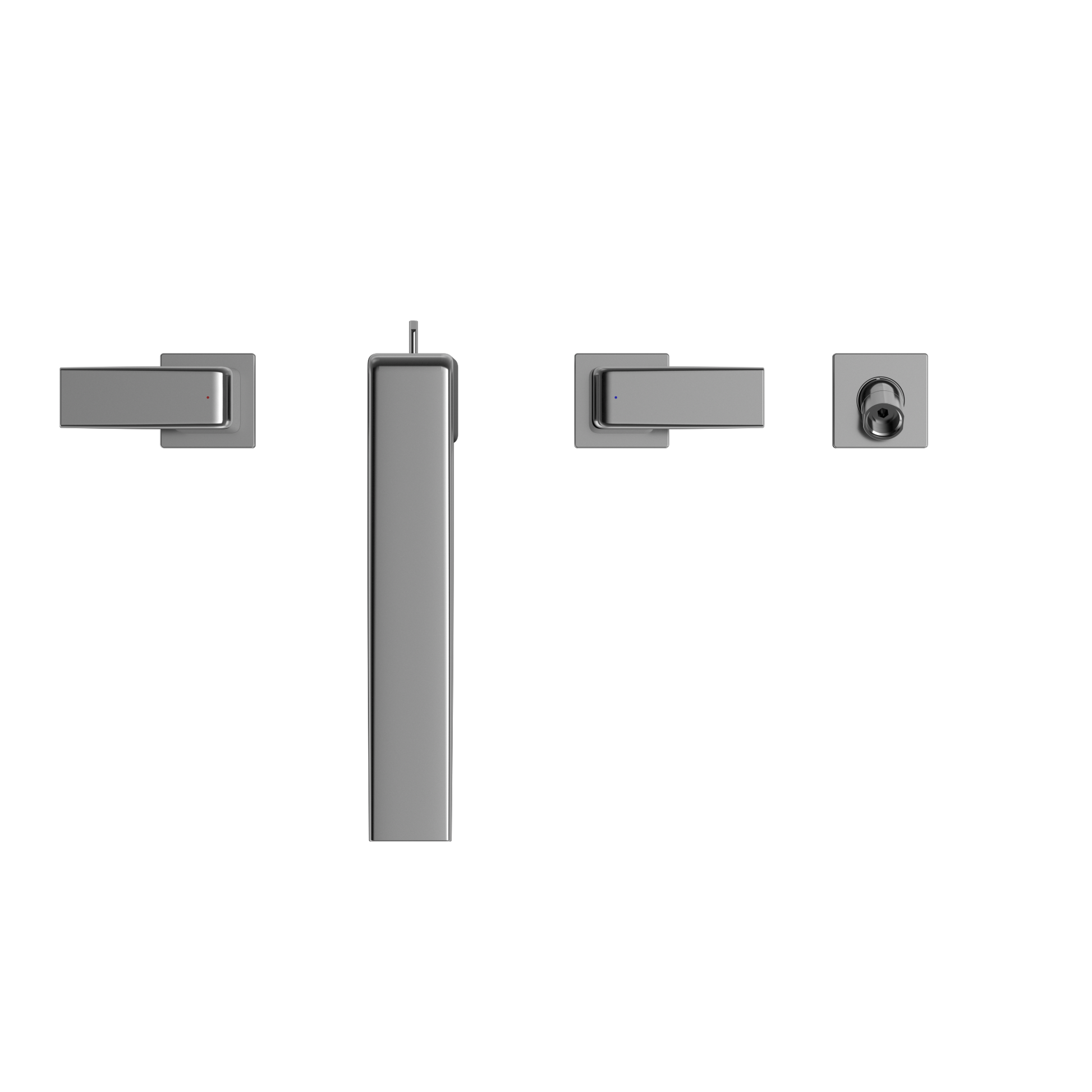 Polished chrome two-handle deck-mount roman tub filler with vertical spout and detachable handshower.