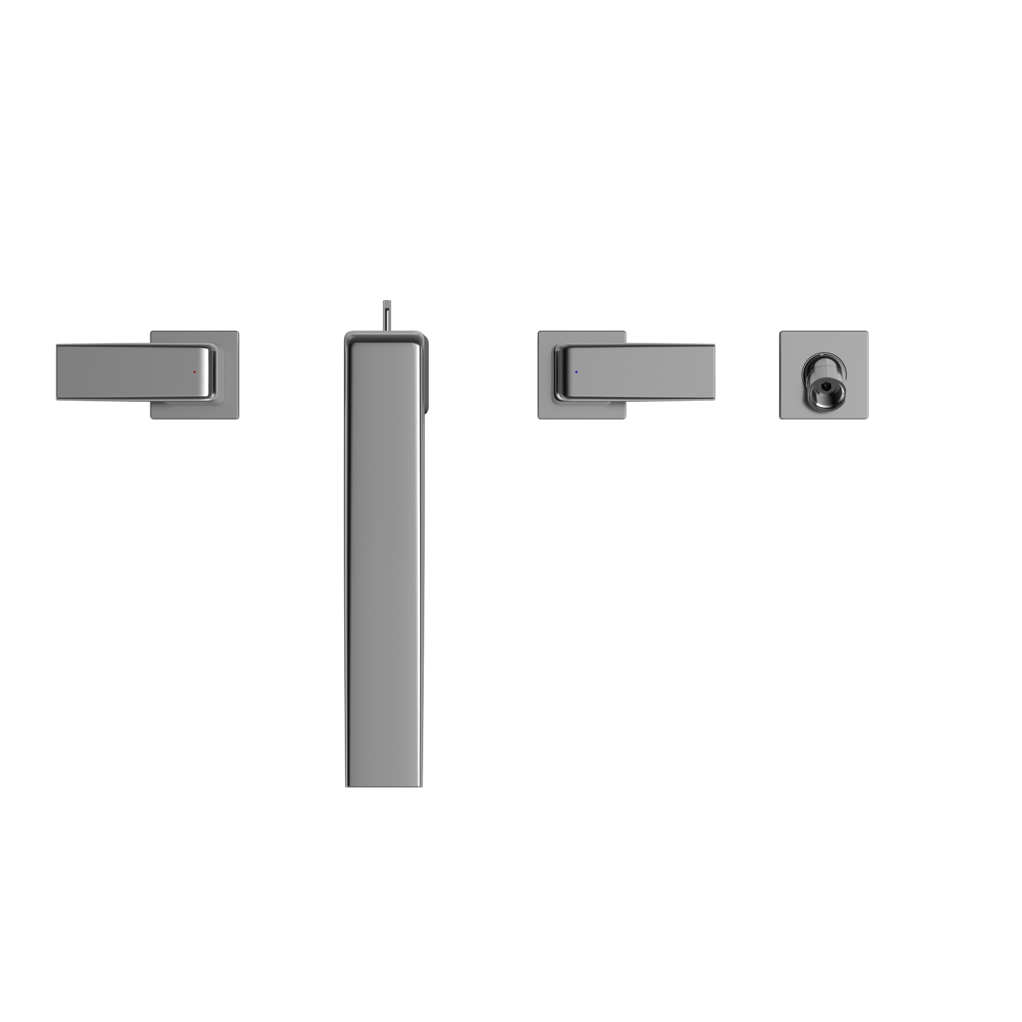 Polished chrome two-handle deck-mount roman tub filler with vertical spout and detachable handshower.