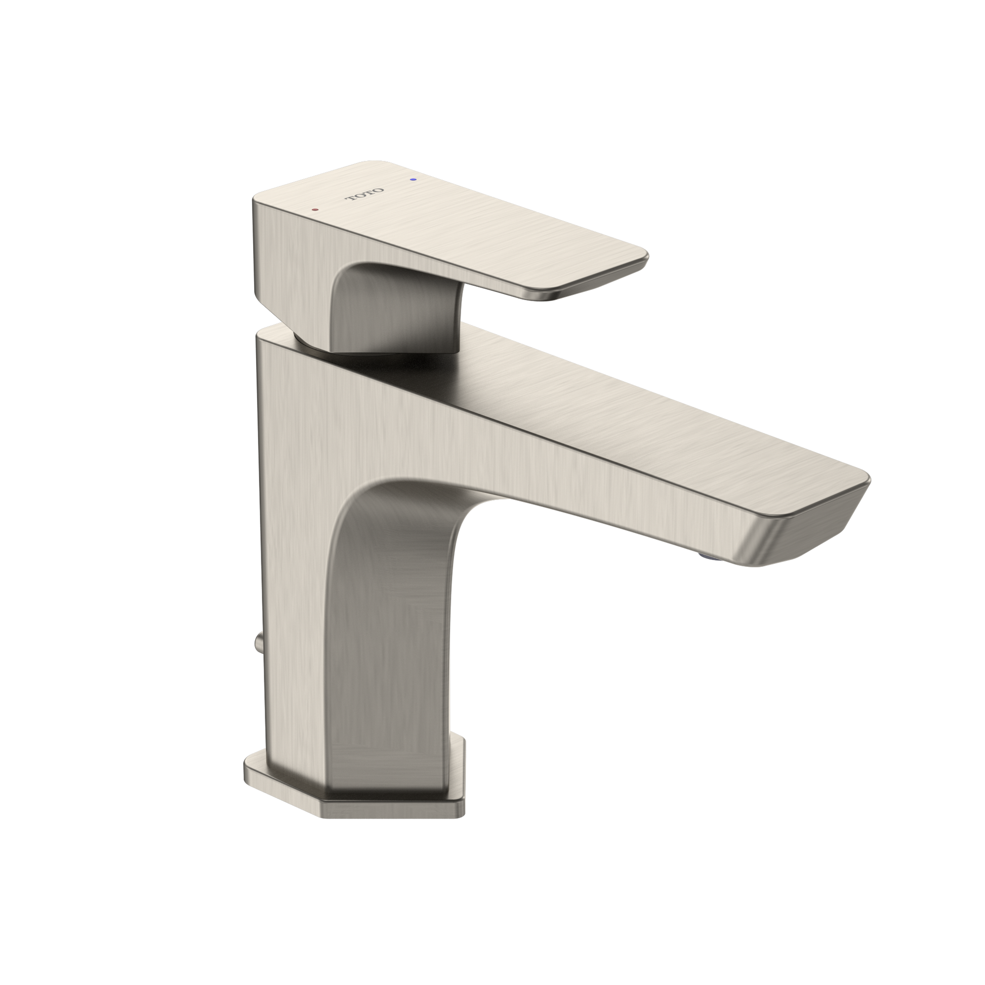 Brushed nickel single-handle bathroom sink faucet with curved spout and rectangular base.