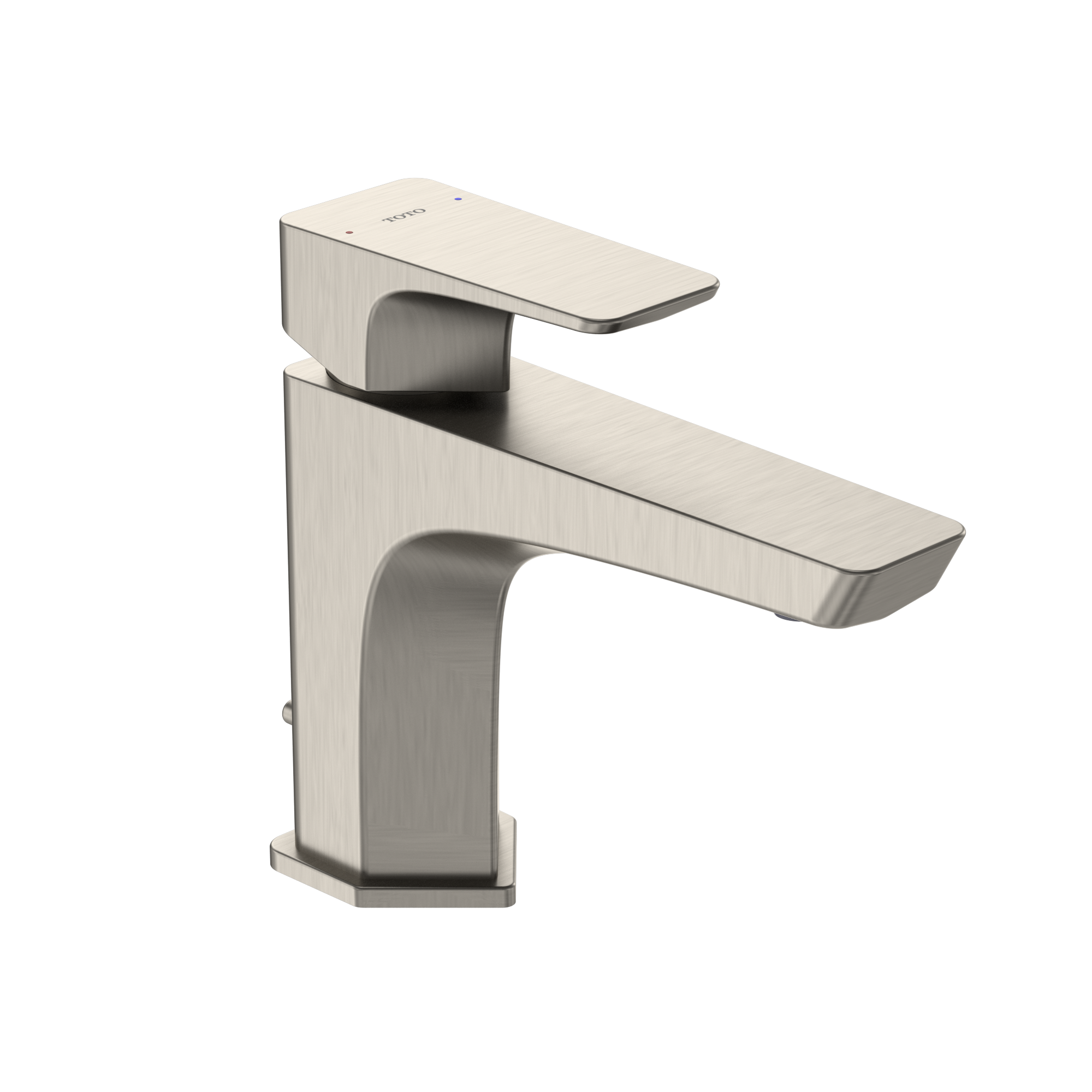 Brushed nickel single-handle bathroom sink faucet with curved spout and rectangular base.