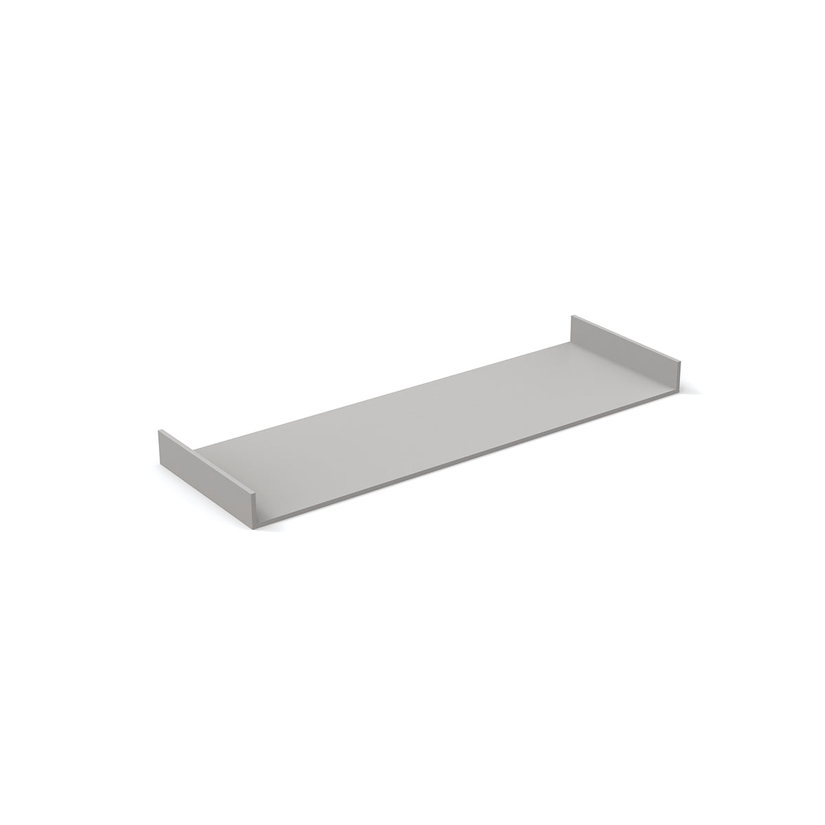 Gray metal linear drain component with flat pan and raised edges on both sides.