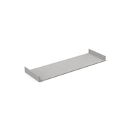 Gray metal linear drain component with flat pan and raised edges on both sides.