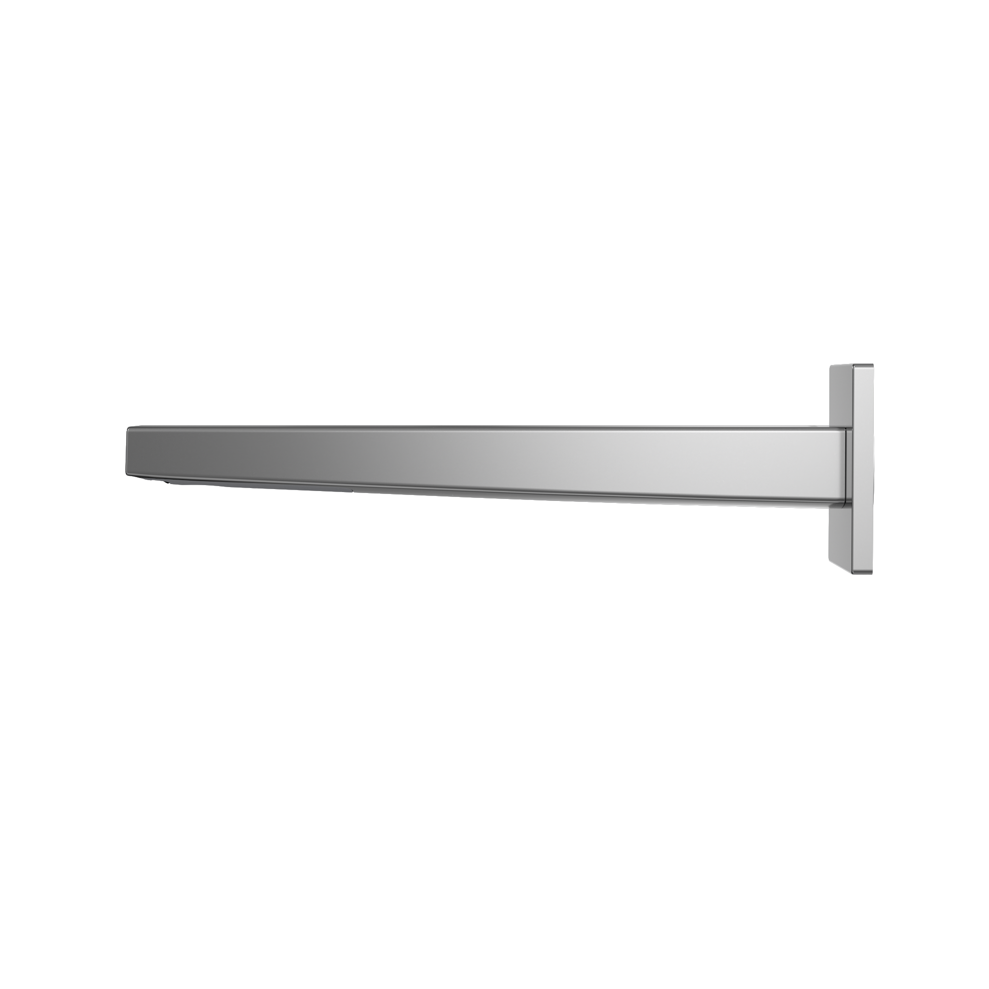 Polished chrome wall-mounted touchless bathroom faucet with horizontal spout and rectangular mounting bracket.