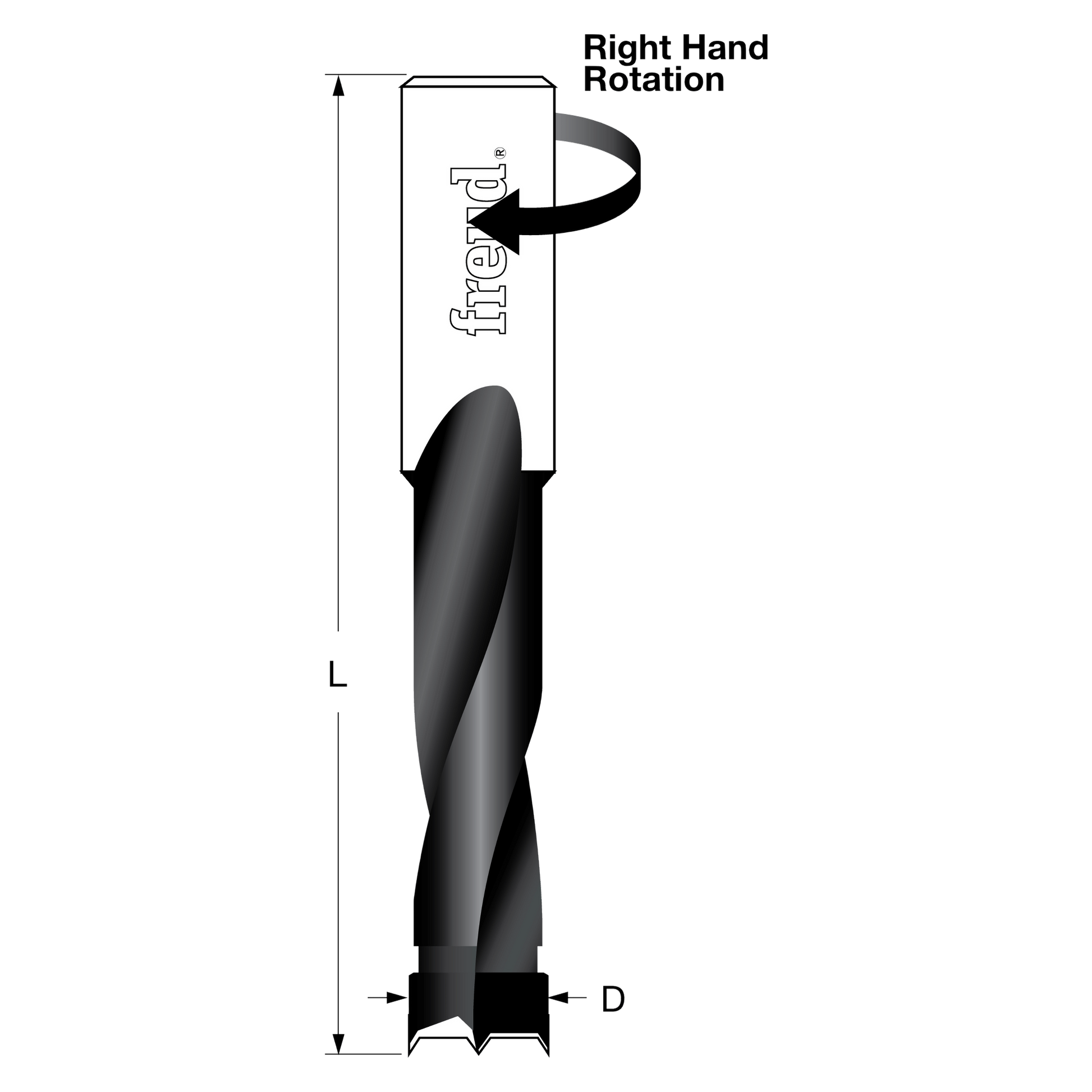 Freud 4.5 mm brad point drill bit with cylindrical black body and pointed tip for right-hand rotation.